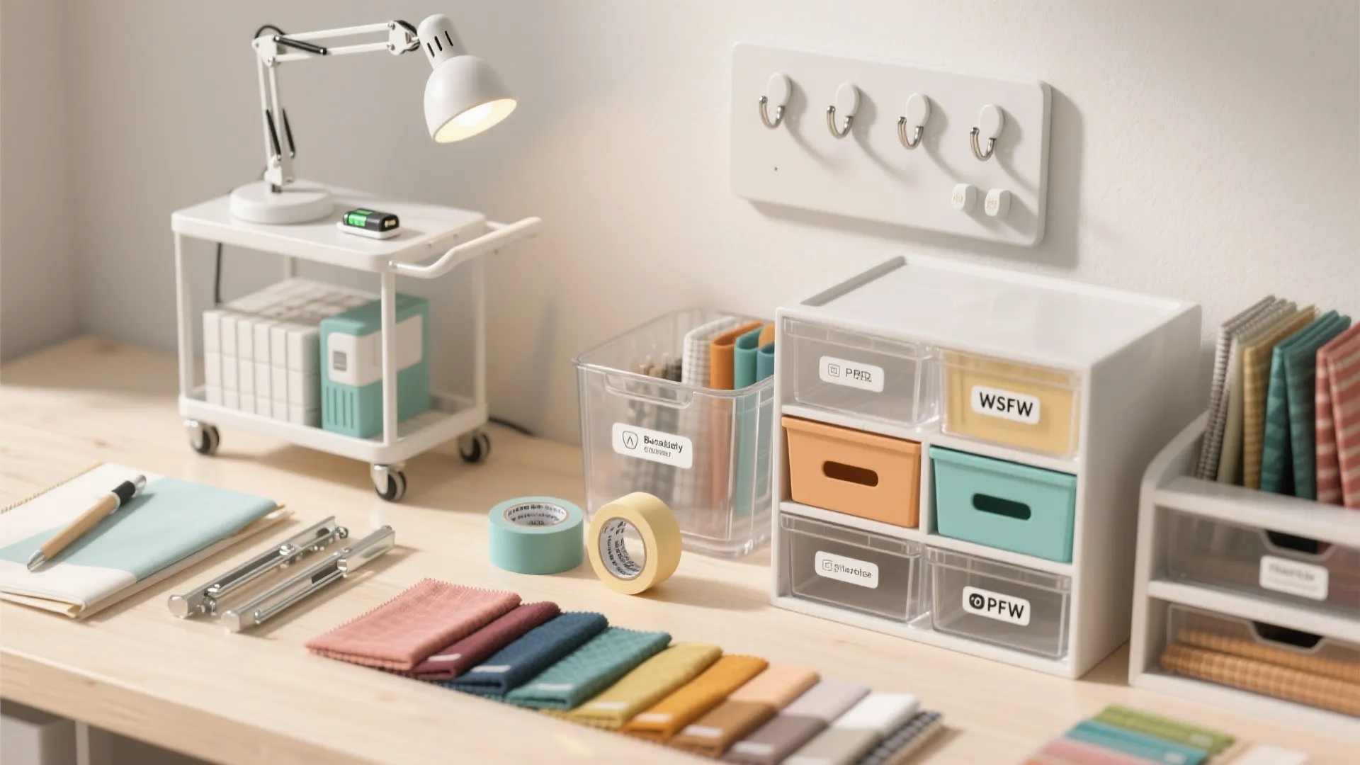 Wooden desk with fabric samples colorful tape plastic storage drawers white lamp and four hooks