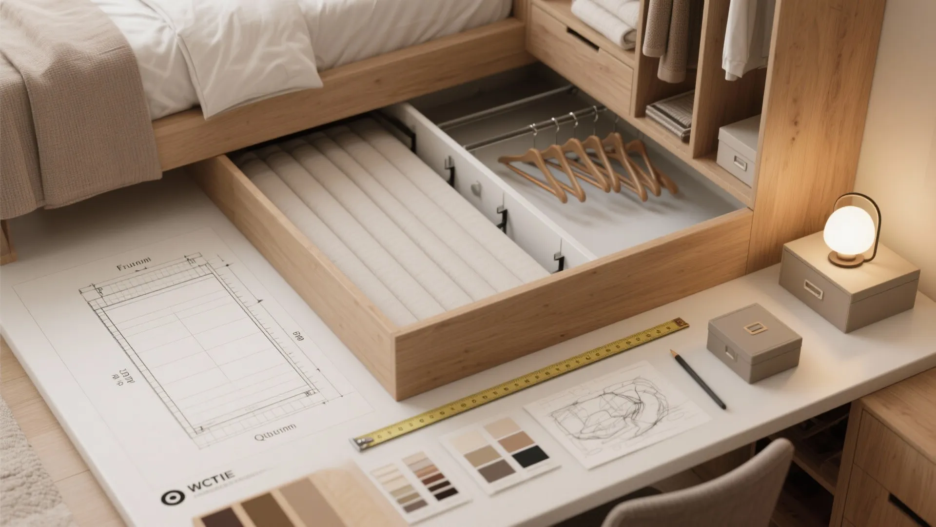 Flatlay of bed-size diagrams, hangers, under-bed boxes, lighting swatches and measuring tools for planning.