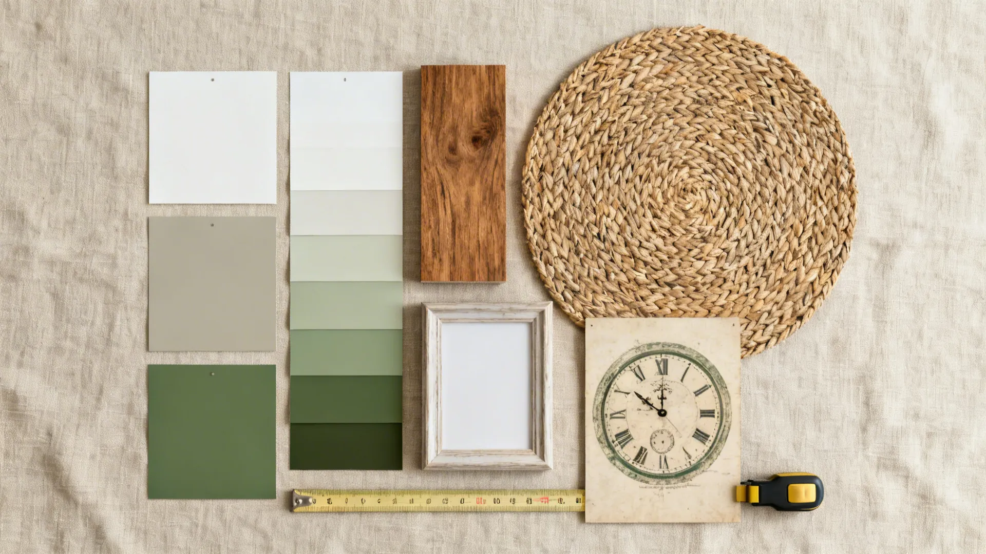 Top-down flatlay of color swatches, wood sample, frames, and styling elements for planning a farmhouse dining wall.