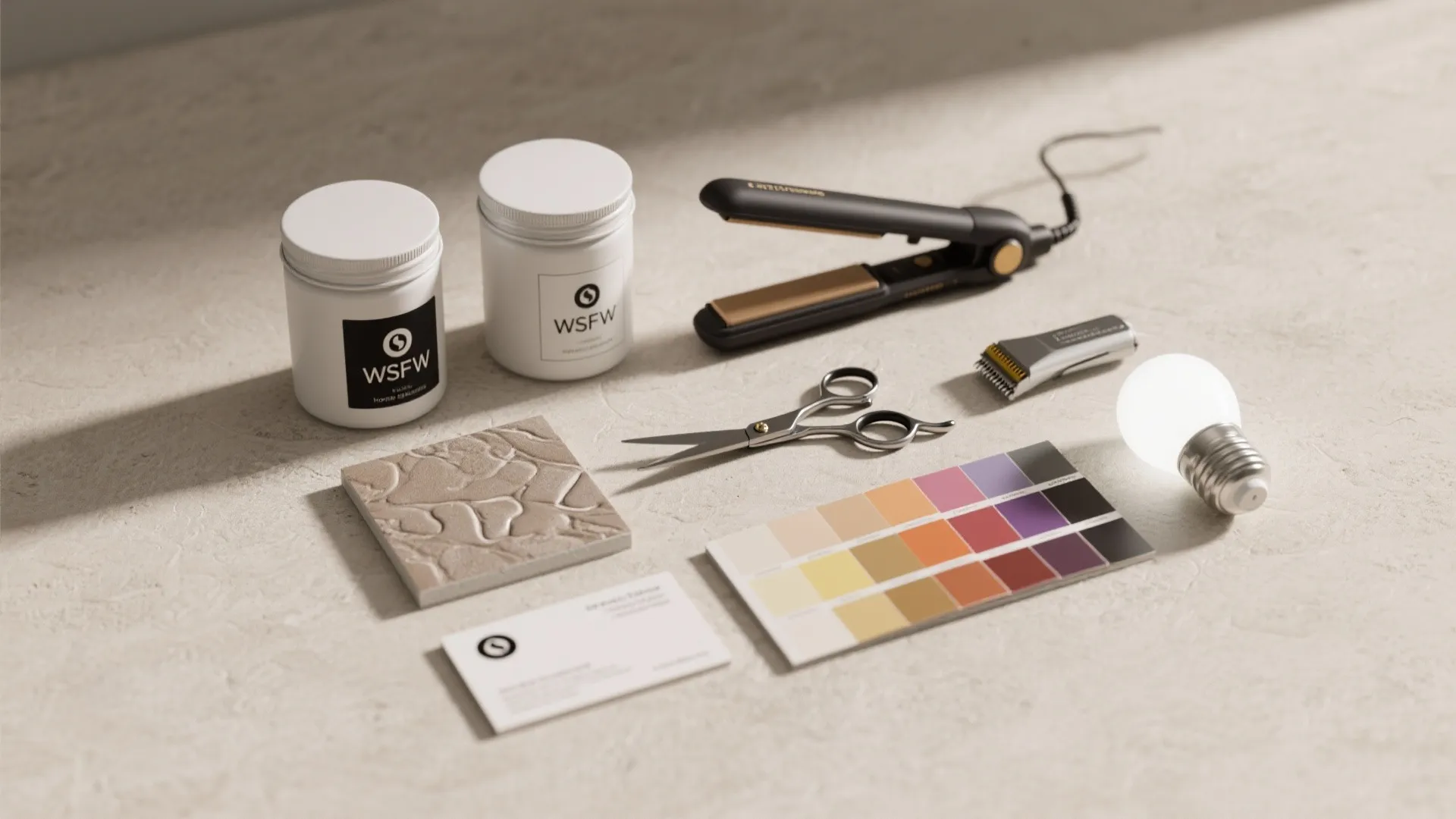 Flatlay of labeled containers, salon tools, color swatches, and flooring sample for a home salon