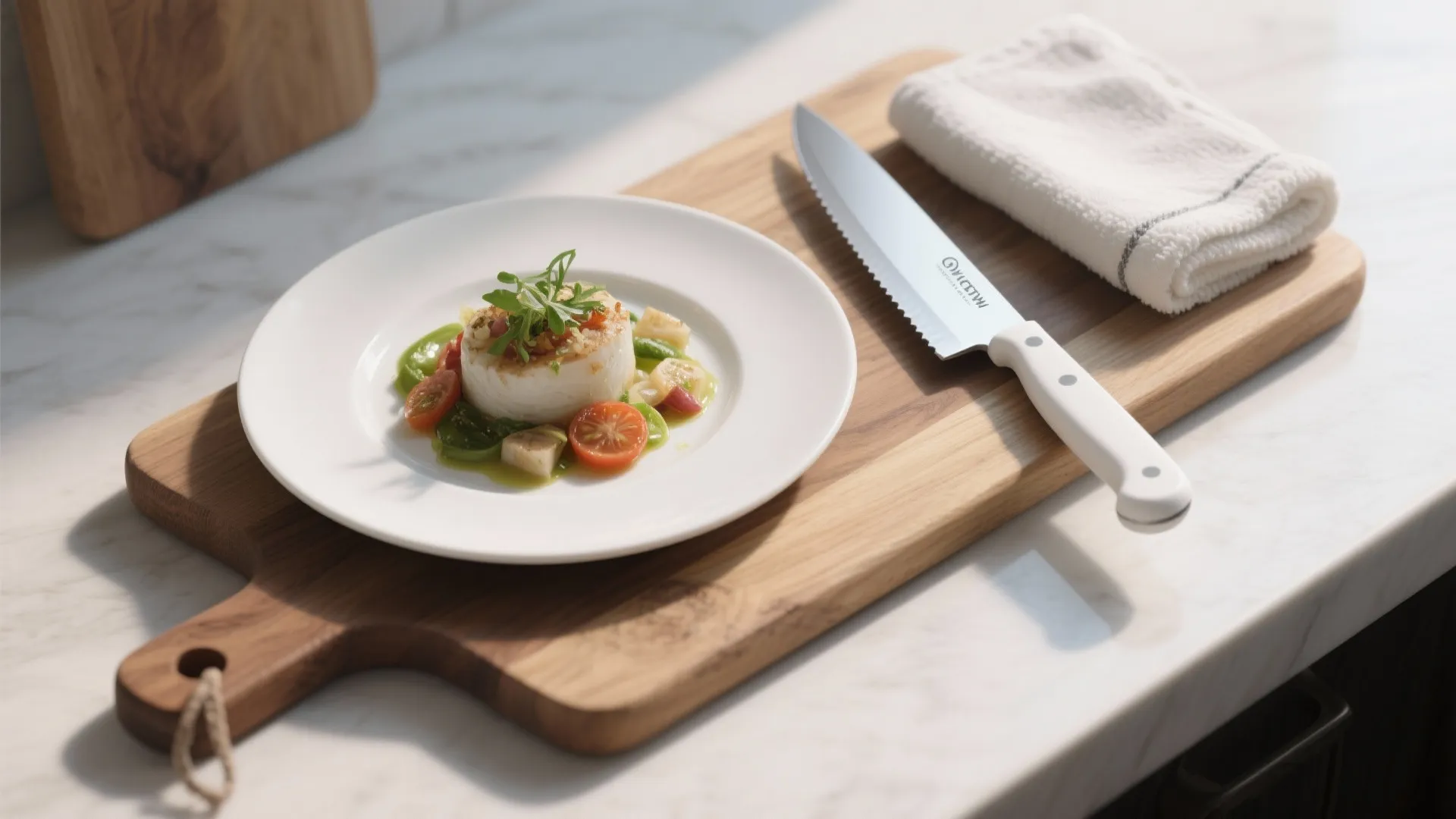 Flat-lay food shot with a white-handled knife beside a plated dish on a wooden board.