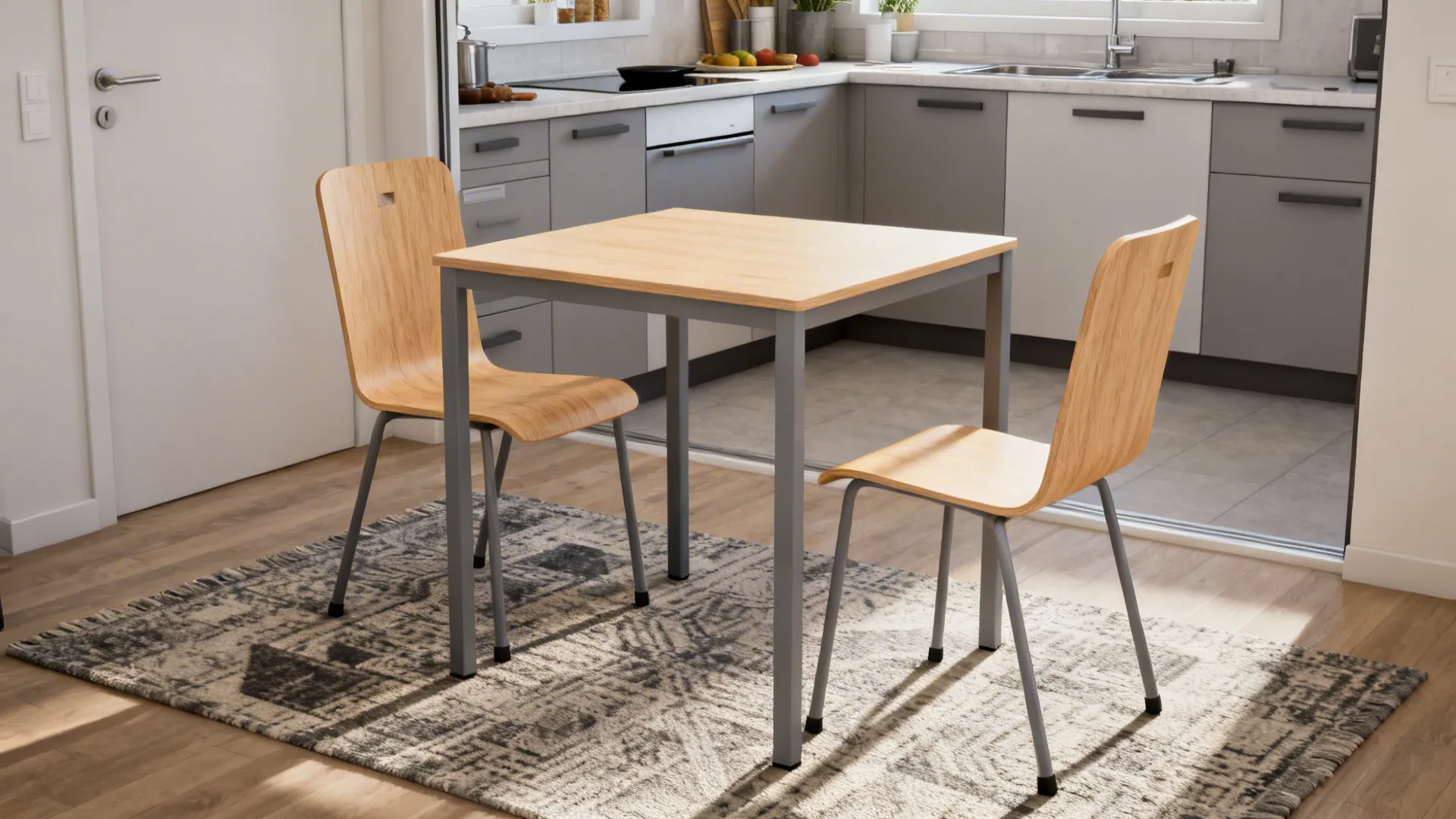 Simple dining set with square wooden table two chairs grey rug and modern grey kitchen cabinets