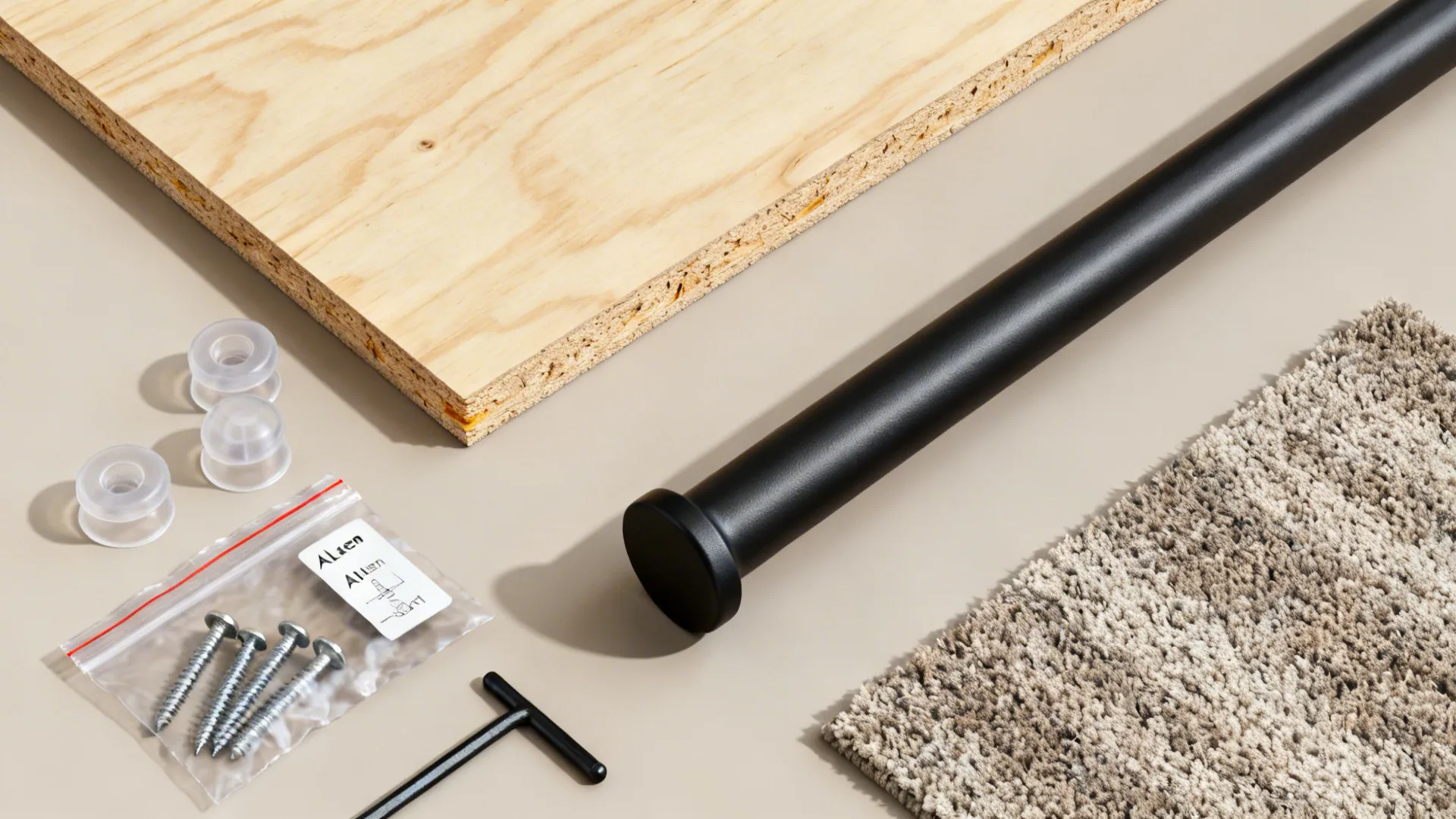 Wood board black metal pole screws and tools for furniture assembly on a beige floor
