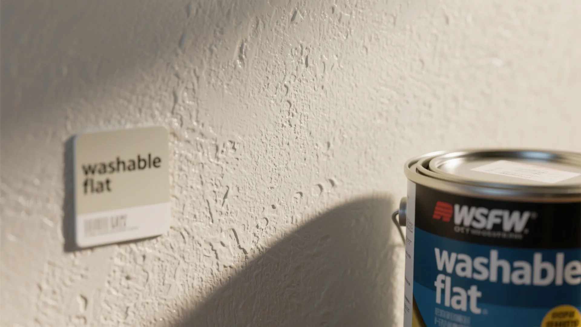 Close up view of textured white wall with paint swatch card and metal paint can