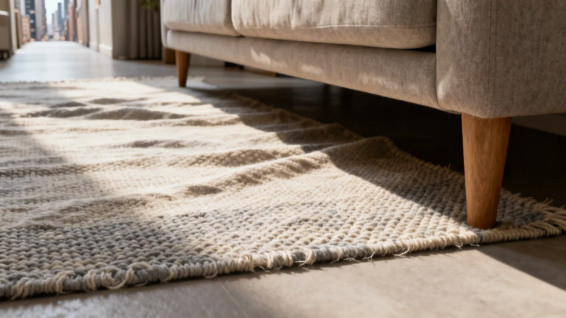 Woven textured area rug placed under a beige sofa with wooden legs in bright light