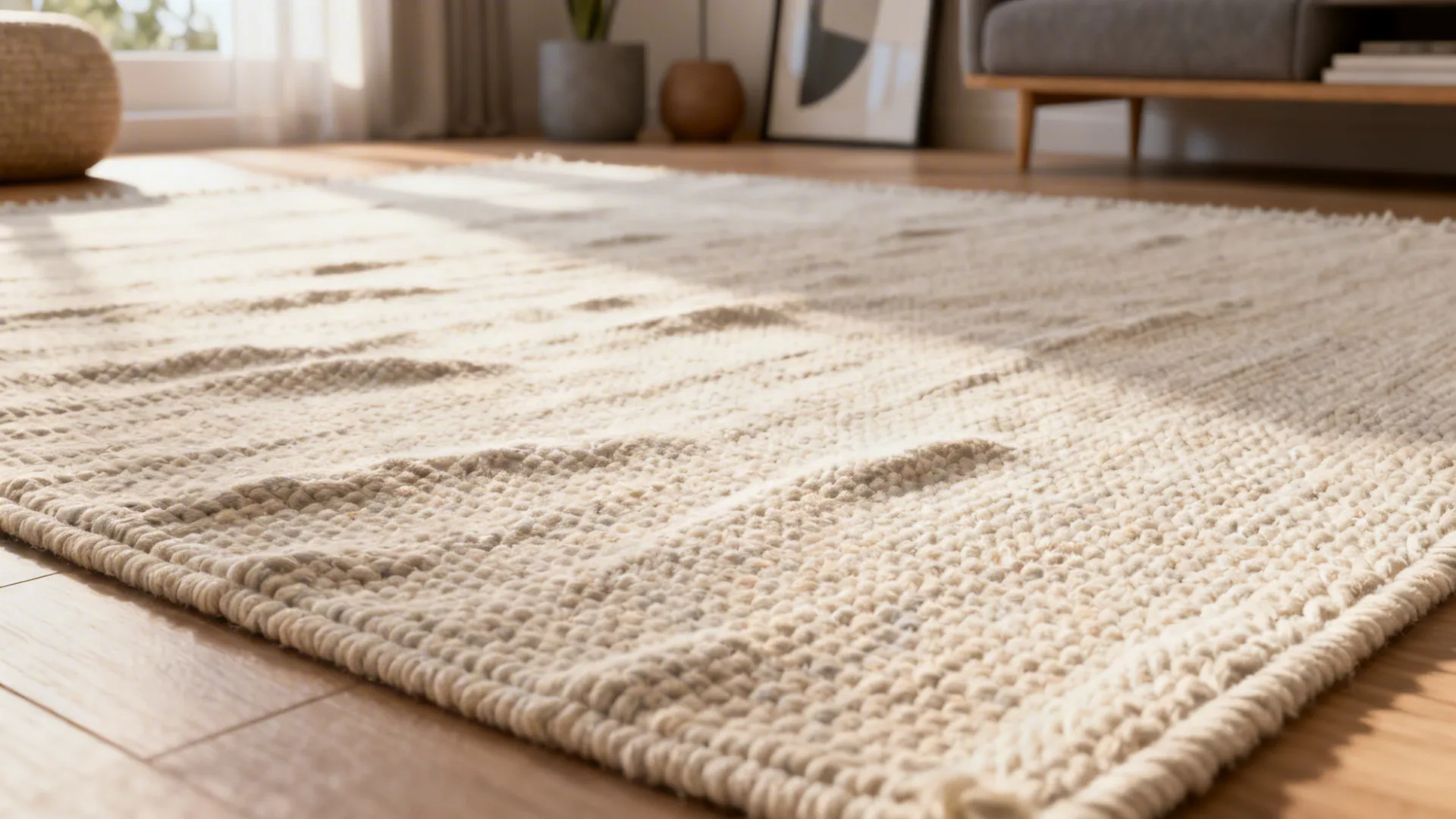 Close-up of a flatweave cotton rug showing flat fibers and texture.