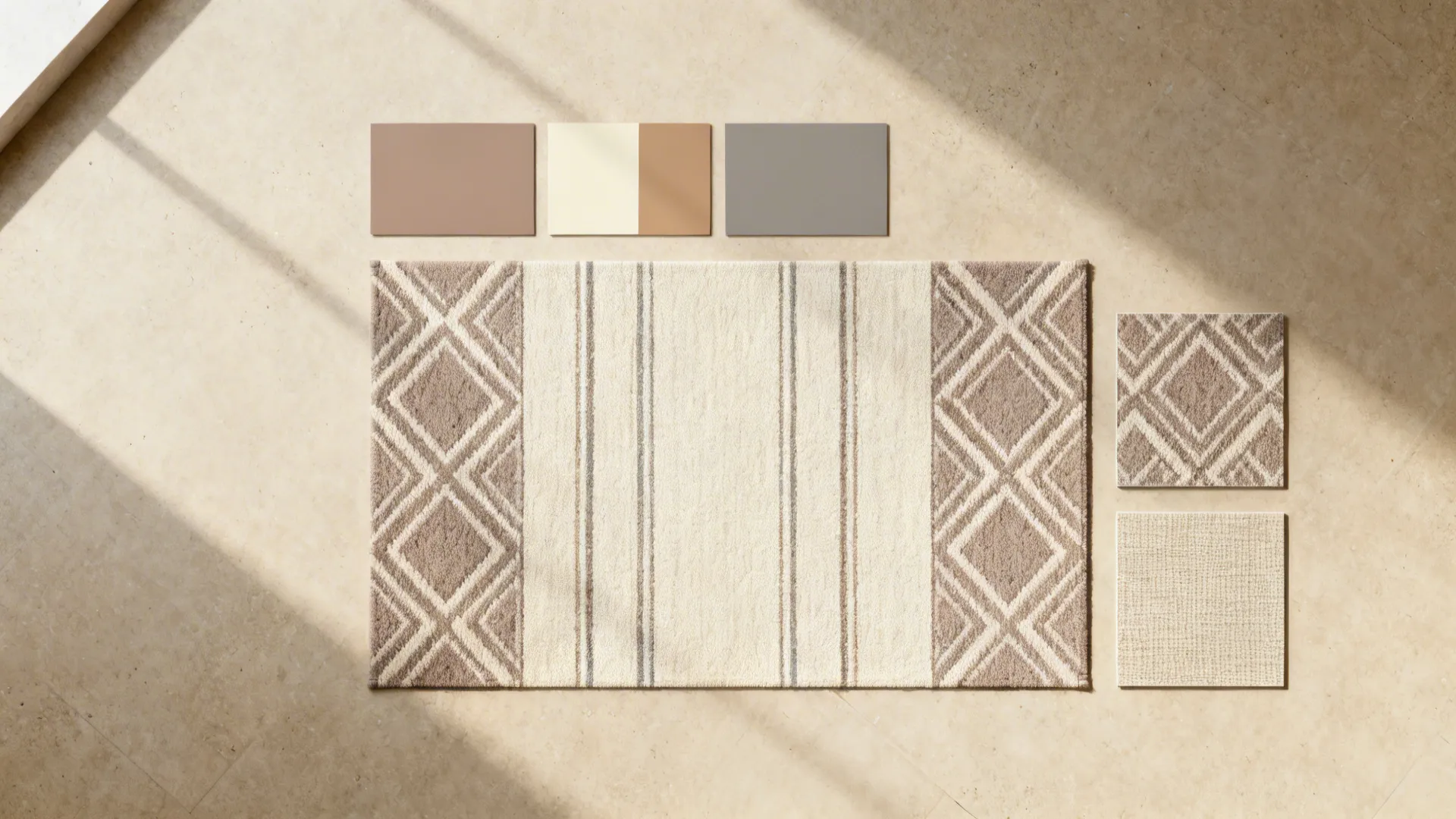Top-down view of a subtle patterned flatweave rug sample with palette swatches.
