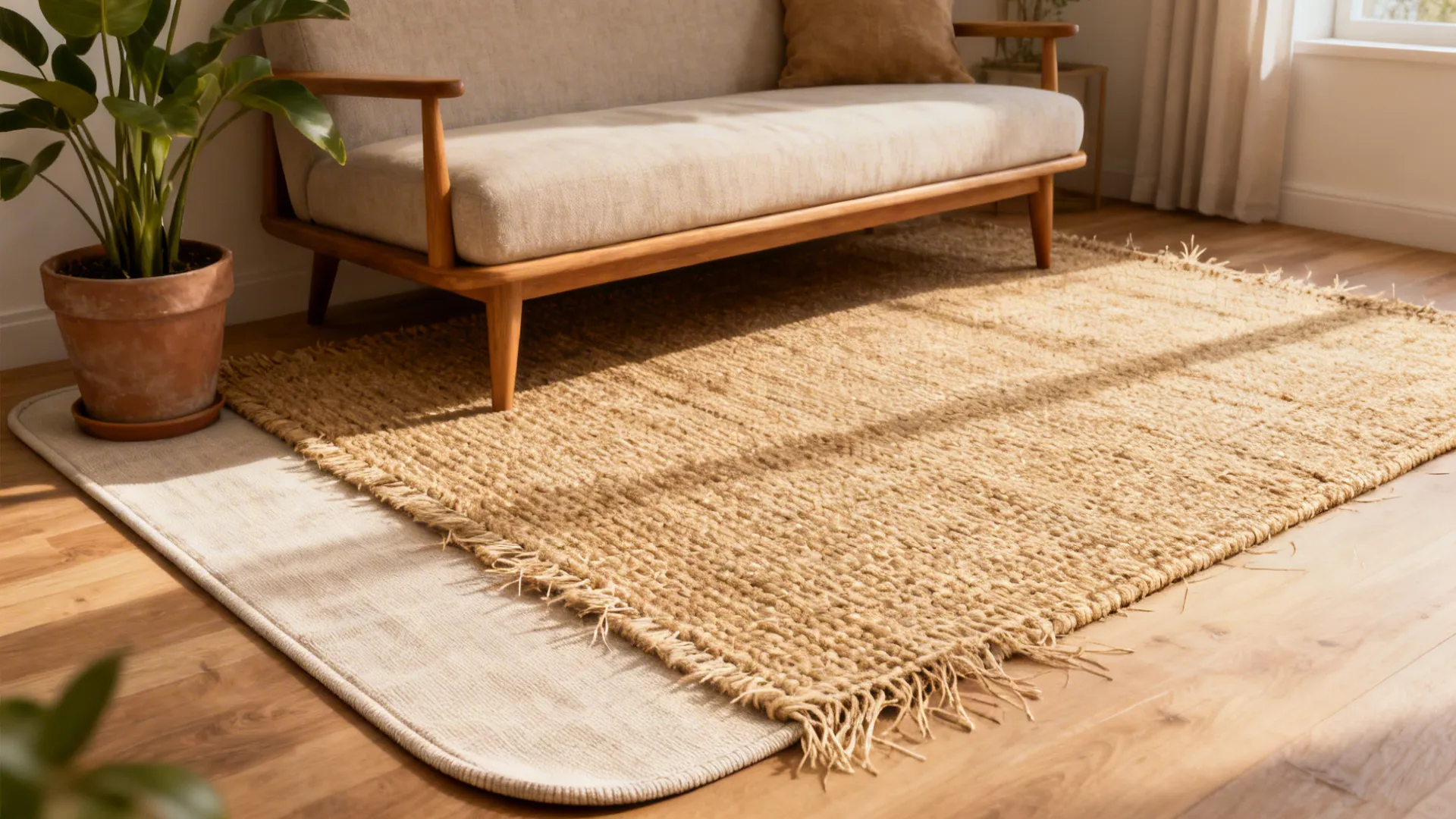 Small living room with a flatweave jute rug layered with a cotton mat and a potted plant.