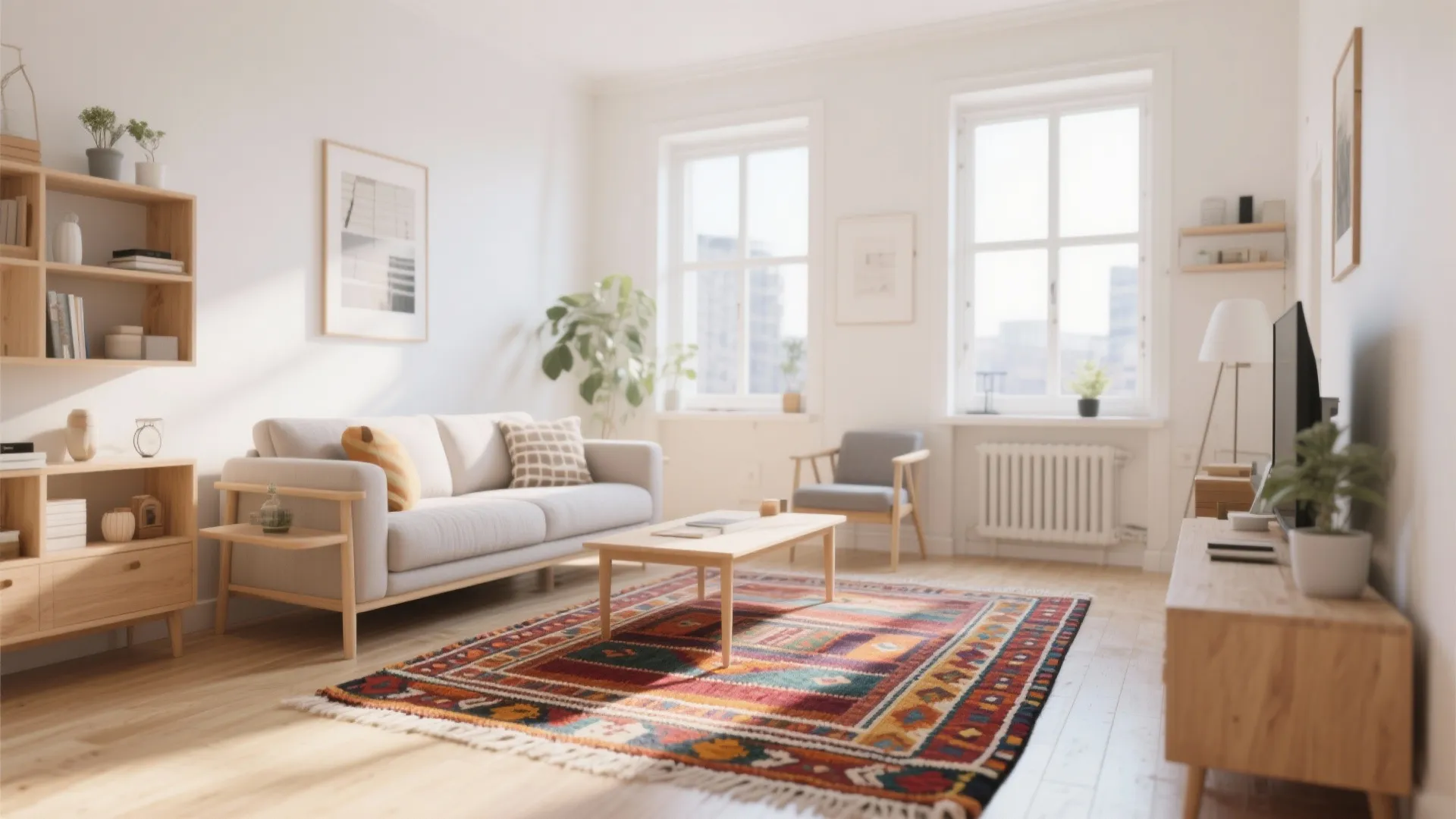 Bright living room featuring colorful floor rug light wood furniture white walls and natural light