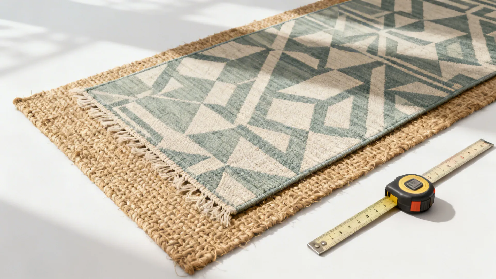 Top-down view of a thin flatweave rug layered over a jute base with measuring tape for scale.