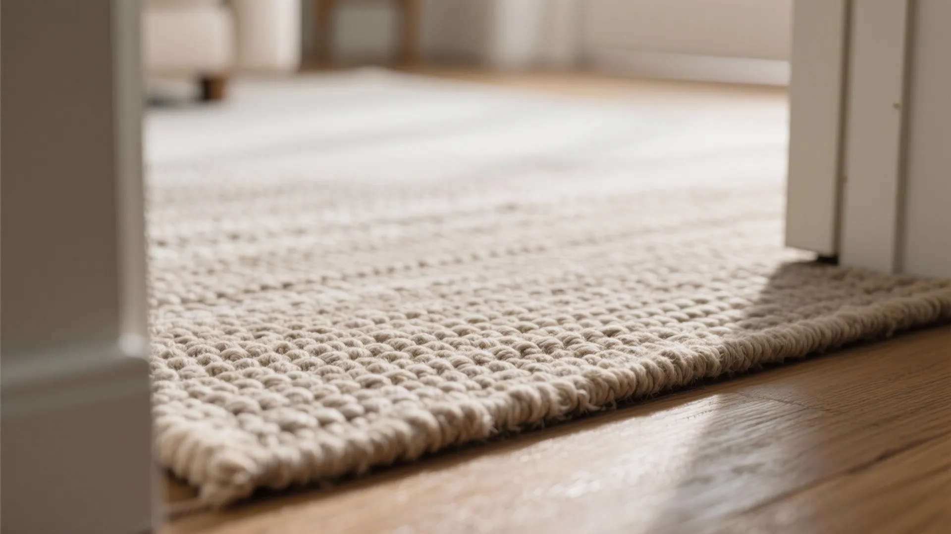 Macro of a textured flatweave rug with a tight loop profile in warm neutral tones near a doorway.