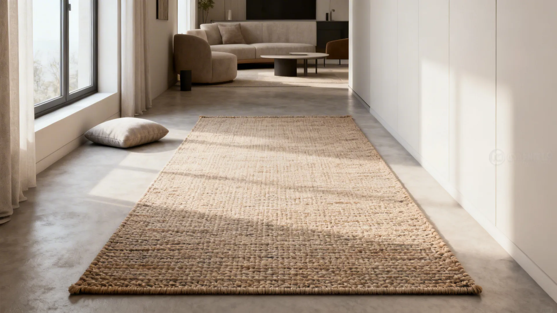 Narrow living room with a lightweight flatweave rug that visually expands the space.
