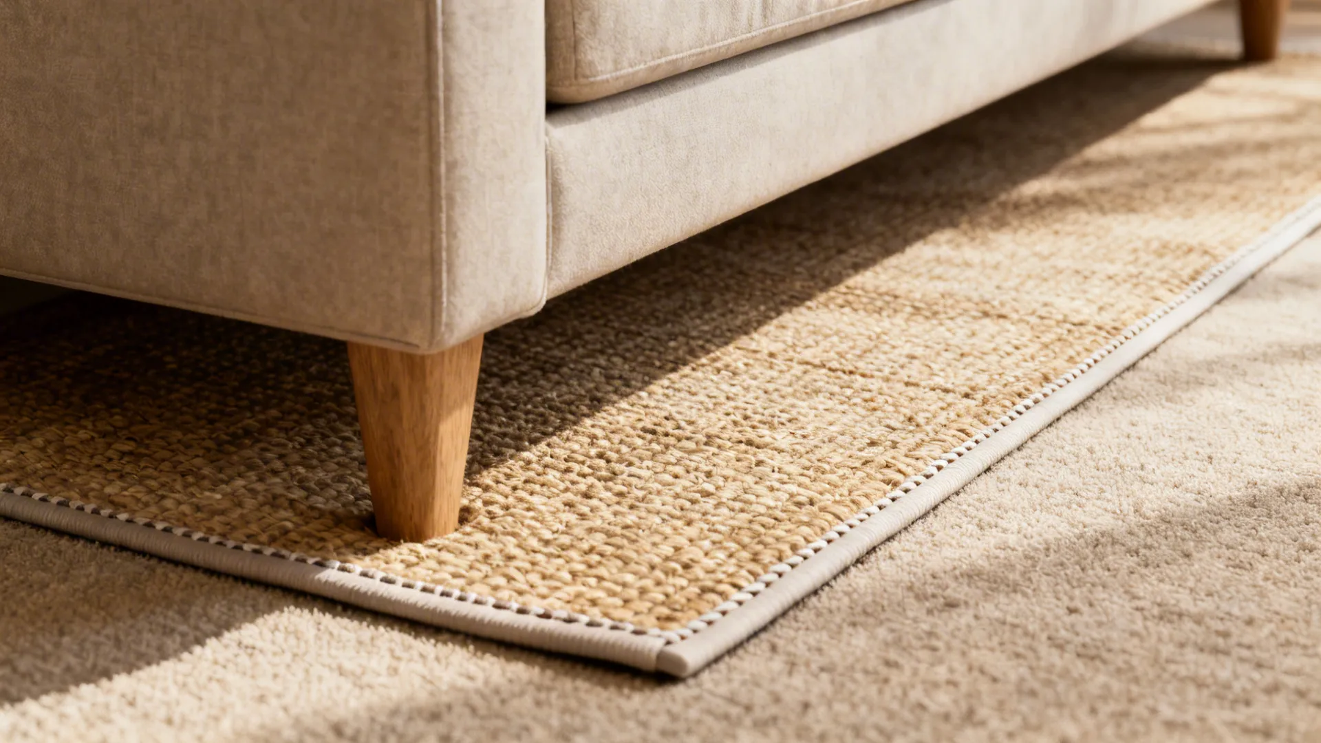 Flatweave rug placed under sofa front legs on carpet with a low-profile pad to prevent slipping