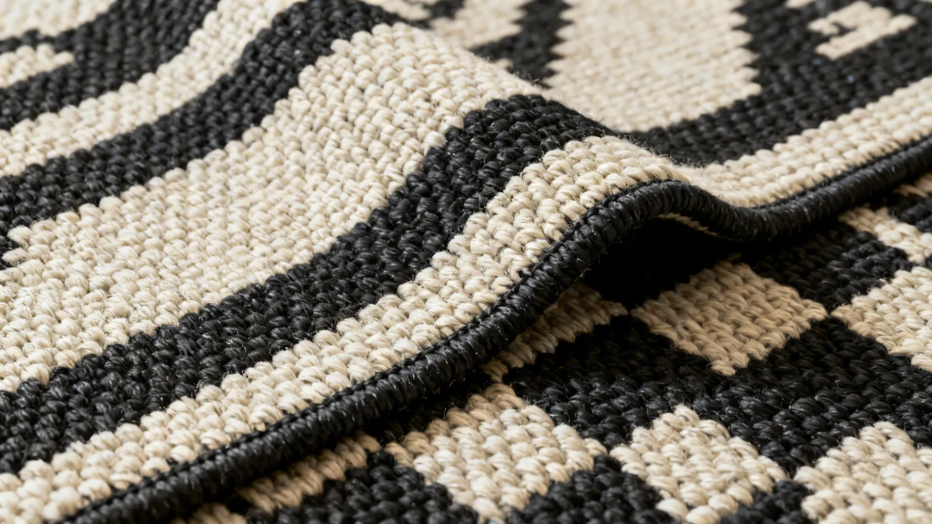 Close-up of a durable black-and-cream flatweave rug showing tight weave and reversible edge.