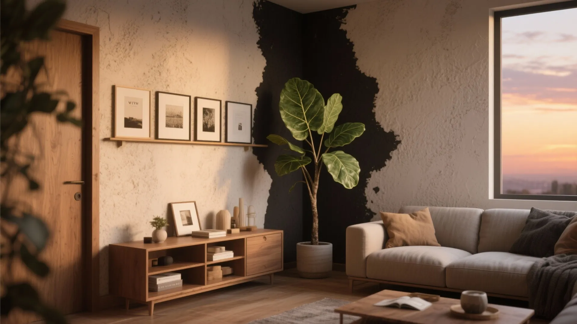 Modern living room with grey sofa wooden cabinet green potted plant and black wall paint