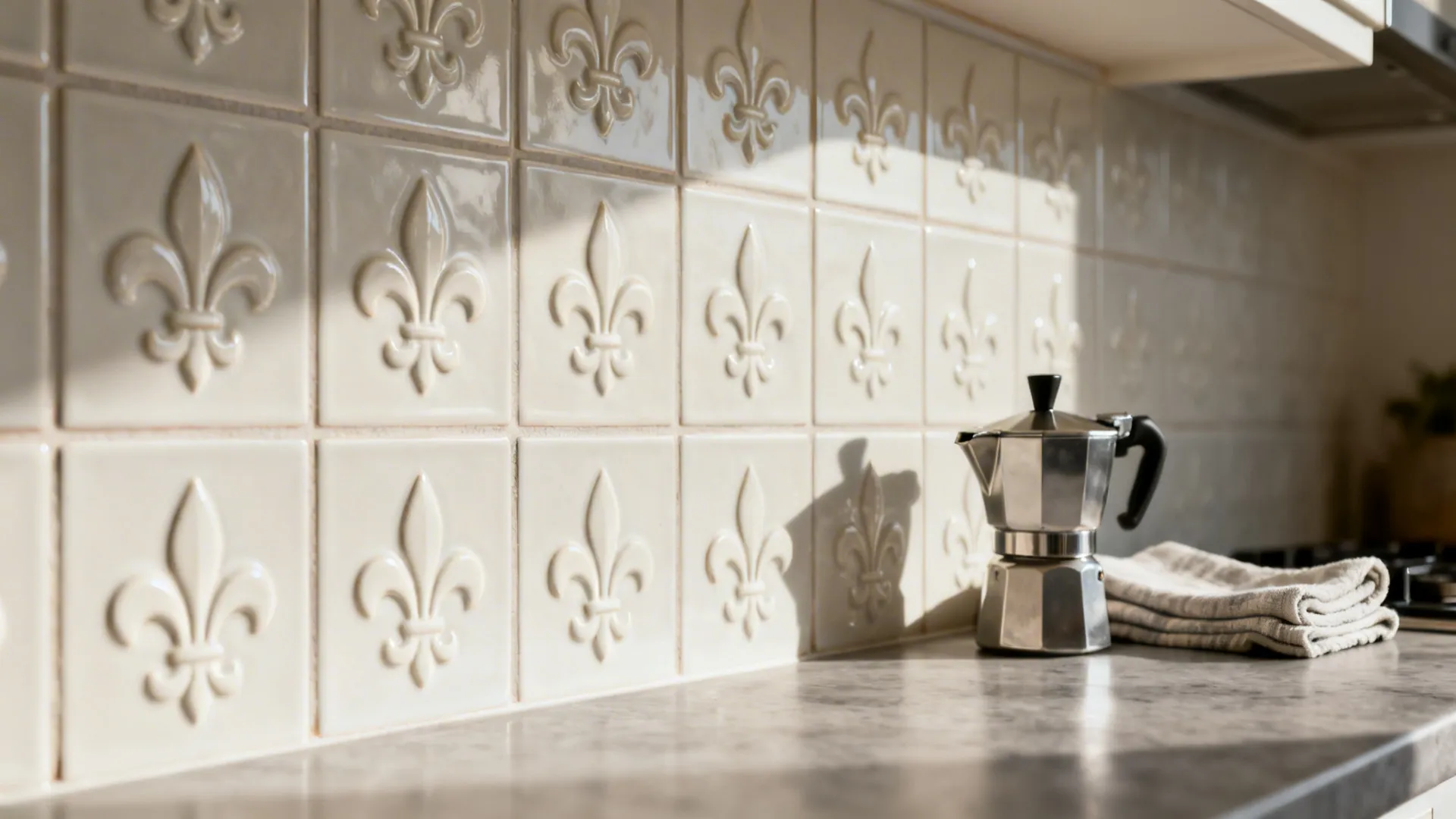 Off-white glazed ceramic backsplash with subtle embossed fleur de lis motifs in soft daylight.