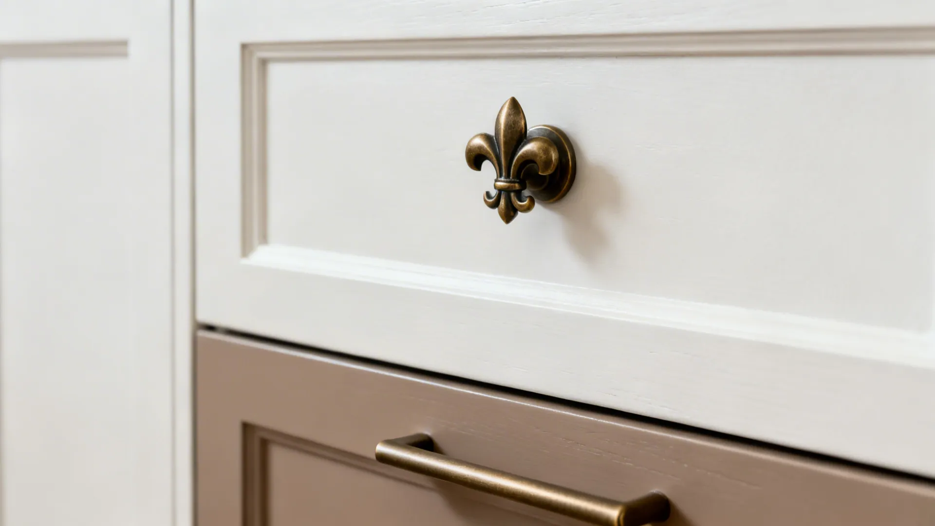 Macro of a brushed bronze fleur de lis knob on a white shaker cabinet with a matching bar pull.