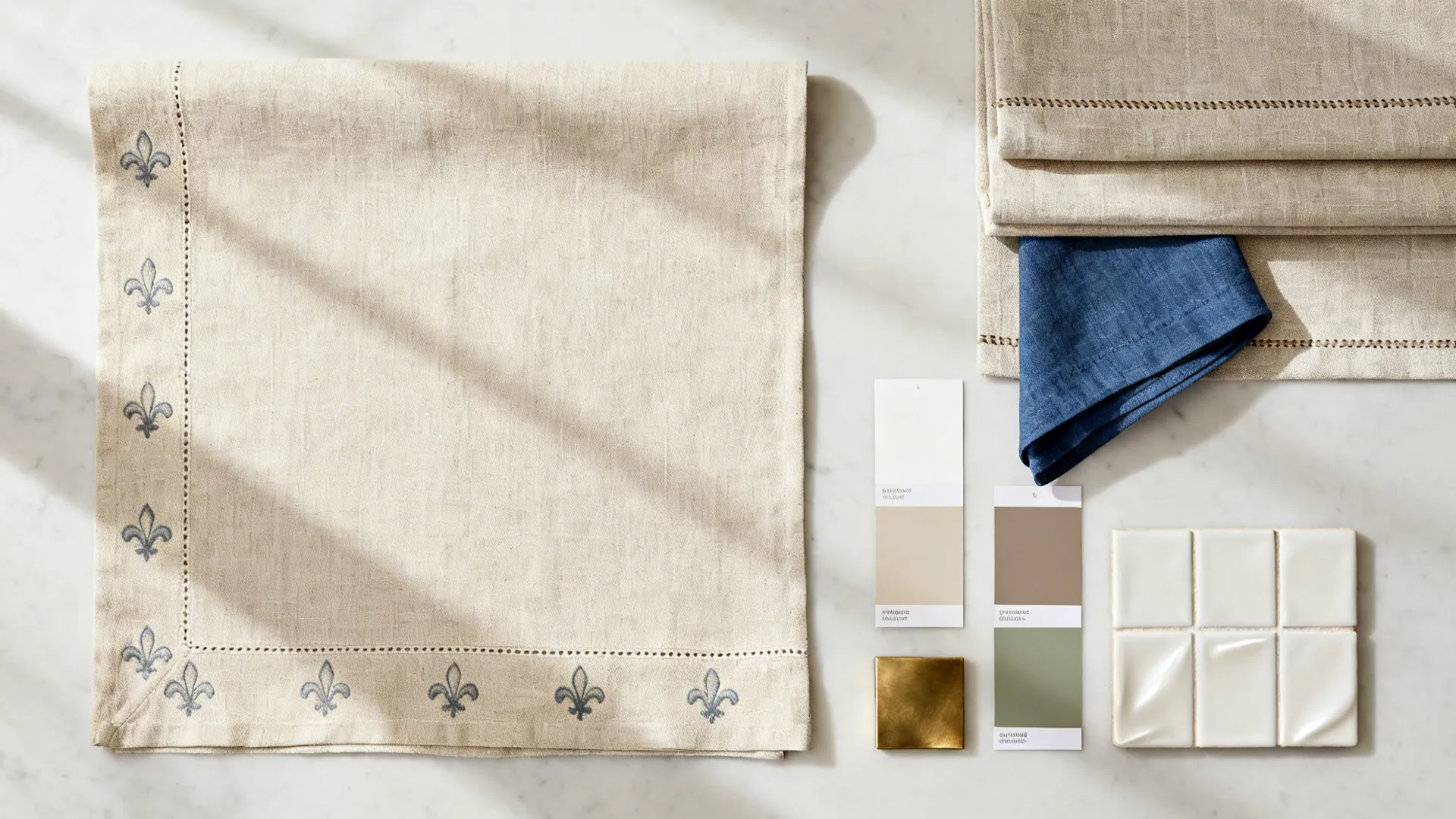Top-down flat lay of linen runner, Roman shade fabric, indigo accent cloth, and neutral finish samples.