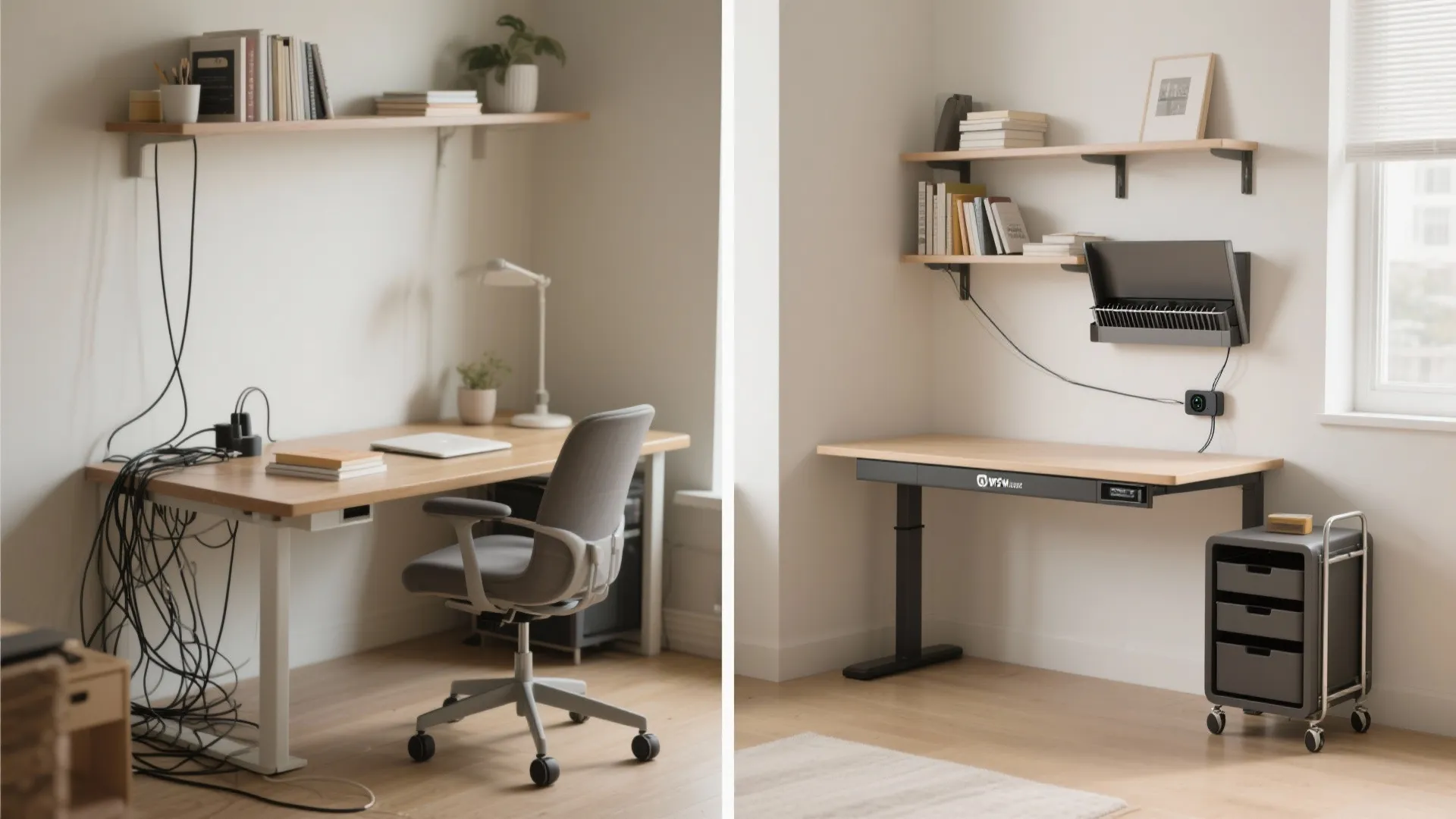 Before and after comparison showing messy desk wires versus a clean organized workspace with storage