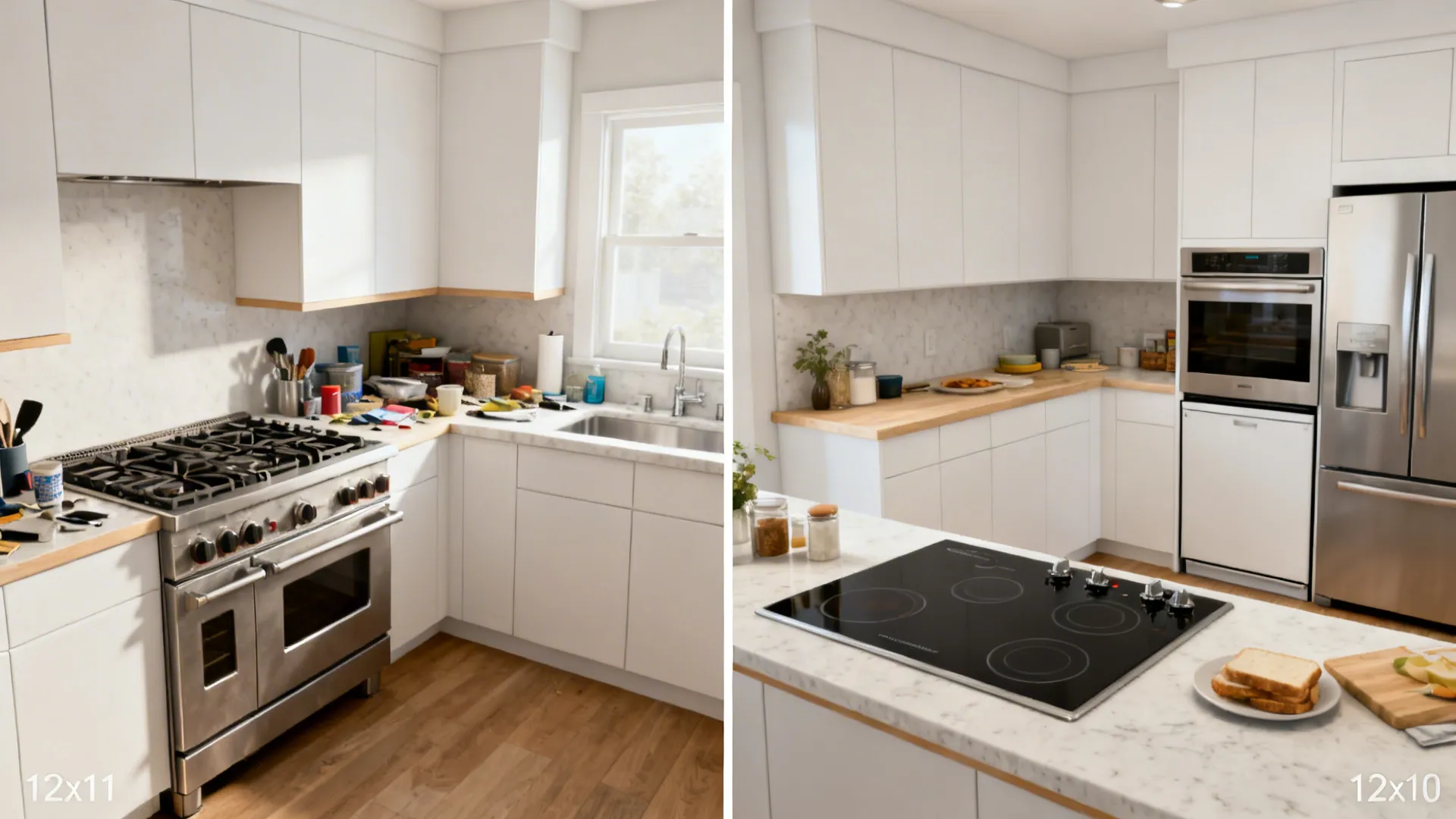 Before-and-after of a 12x12 kitchen showing compact induction and added landing zone.
