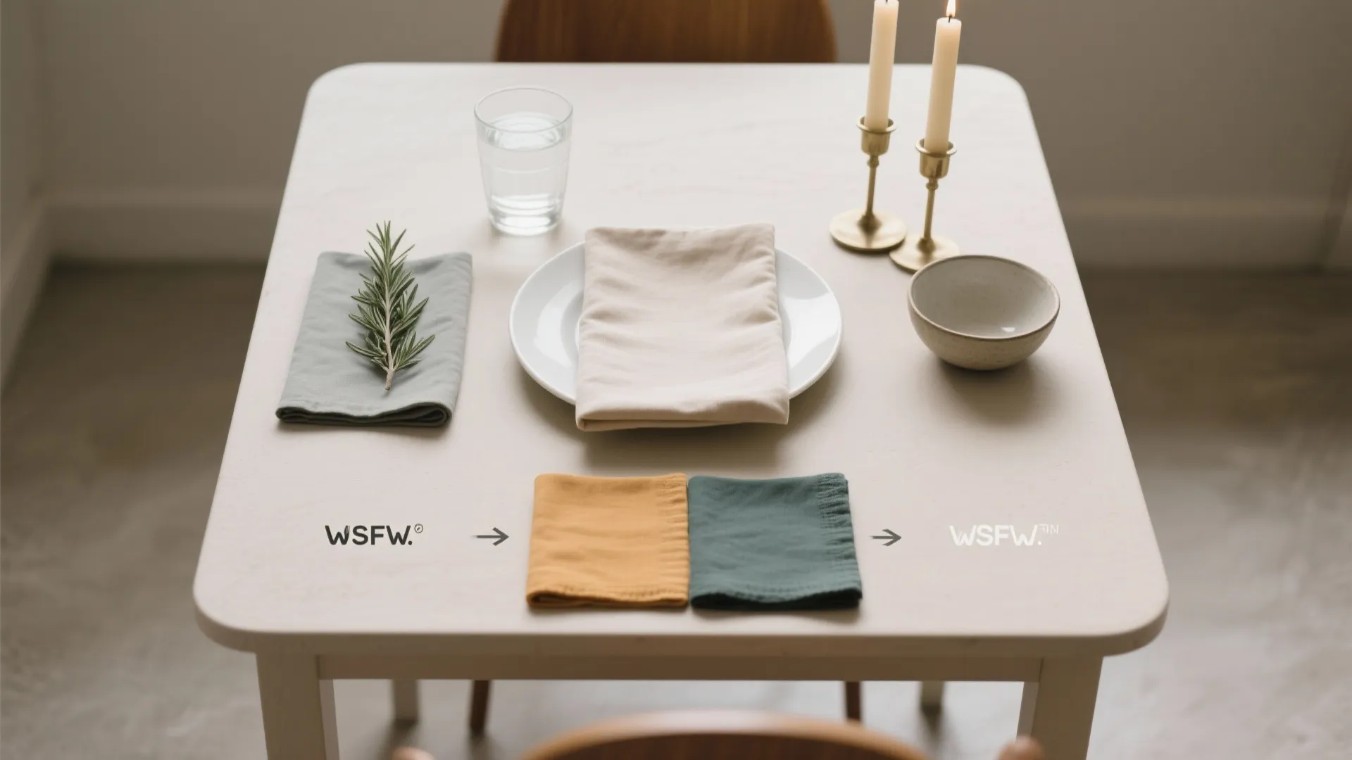 Dining table setting showing cloth napkins in different colors with glass plate and candle holders