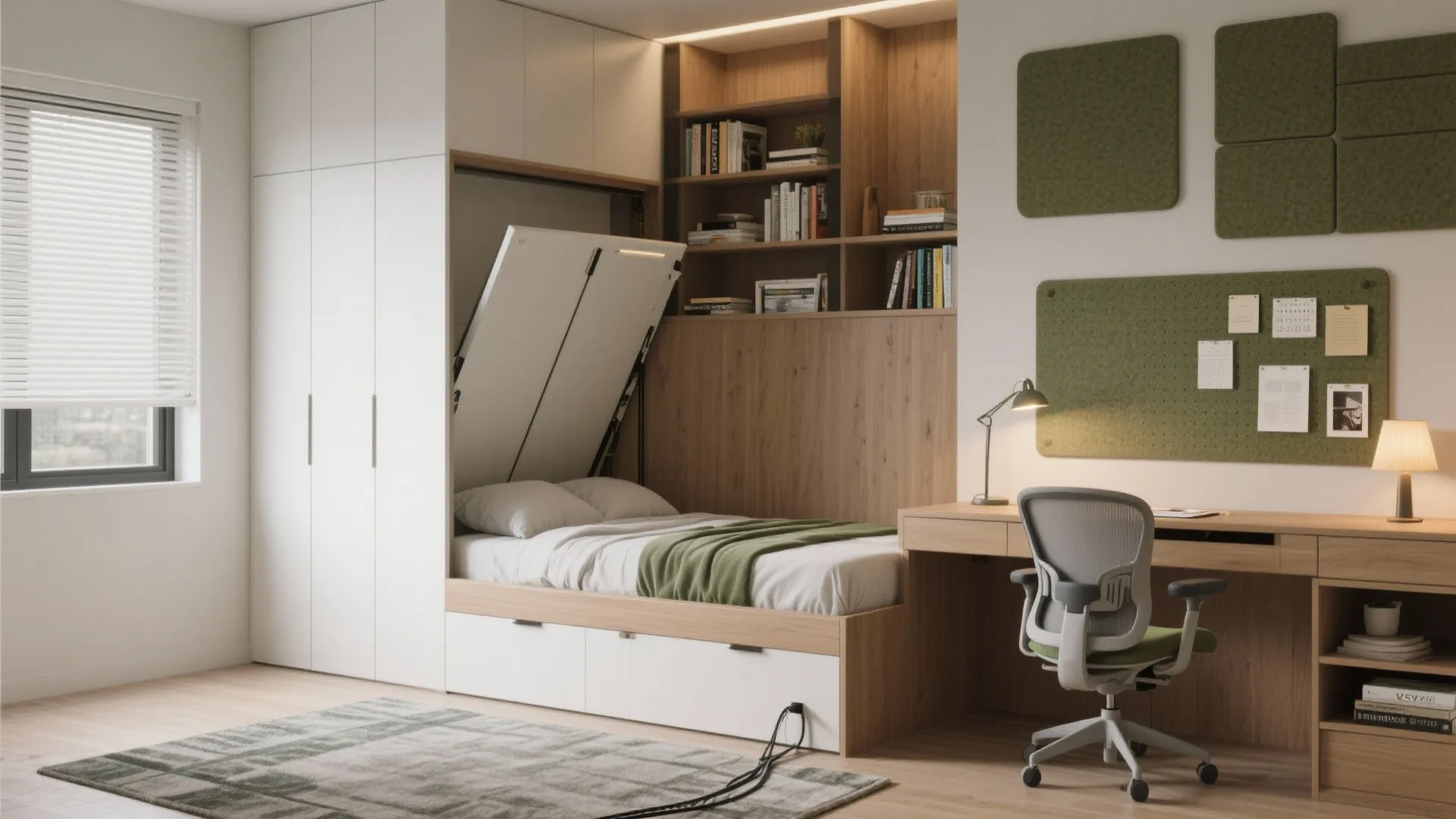 Compact room featuring white wardrobe folding bed wooden desk office chair and built in shelves