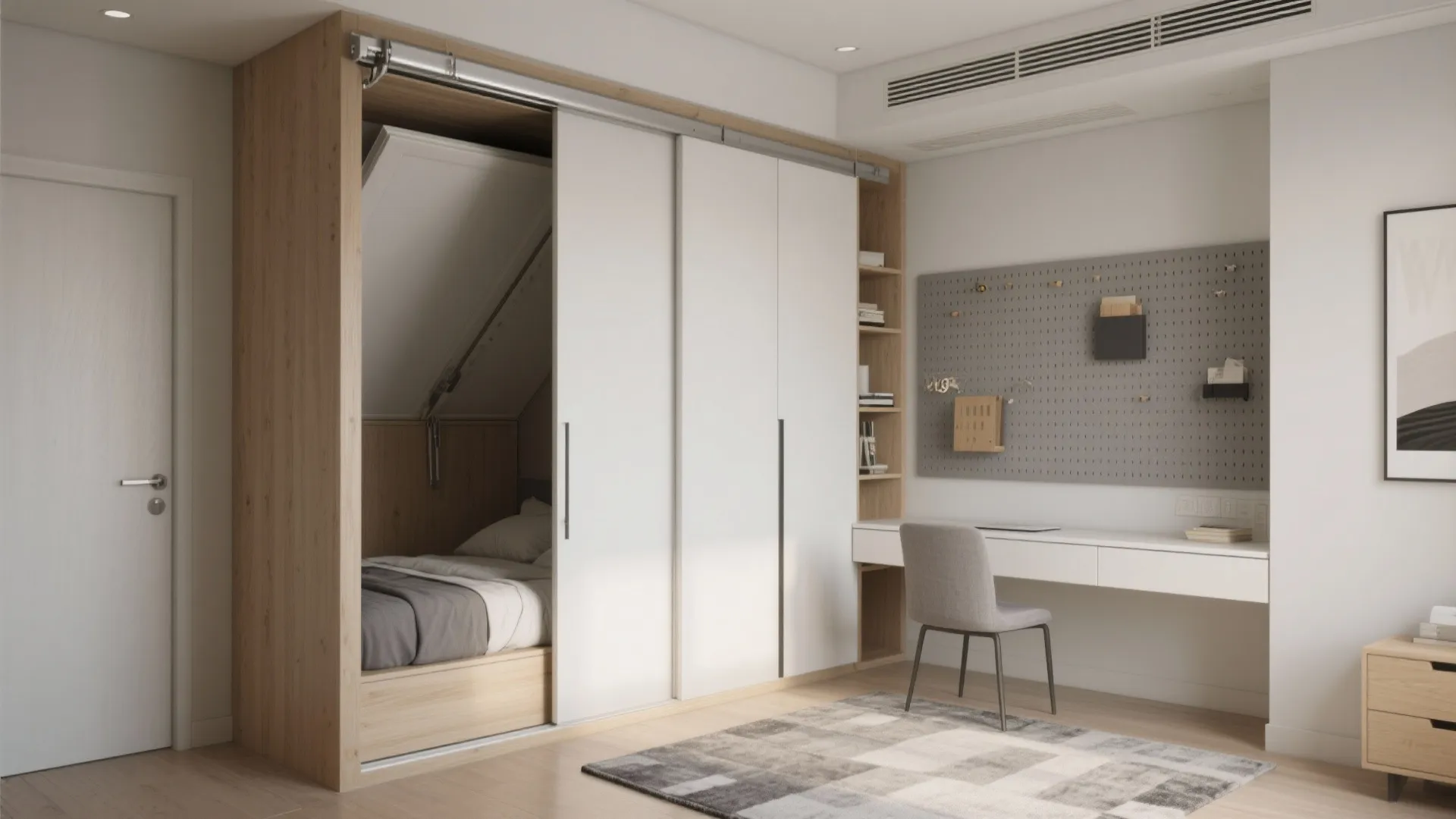 Flexible second bedroom with a sliding partition and a Murphy desk