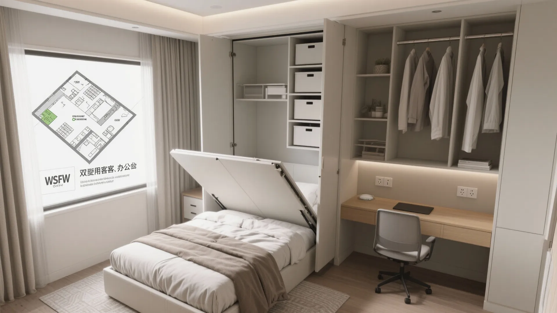 Multifunctional small bedroom featuring a fold down wall bed integrated into a white storage cabinet