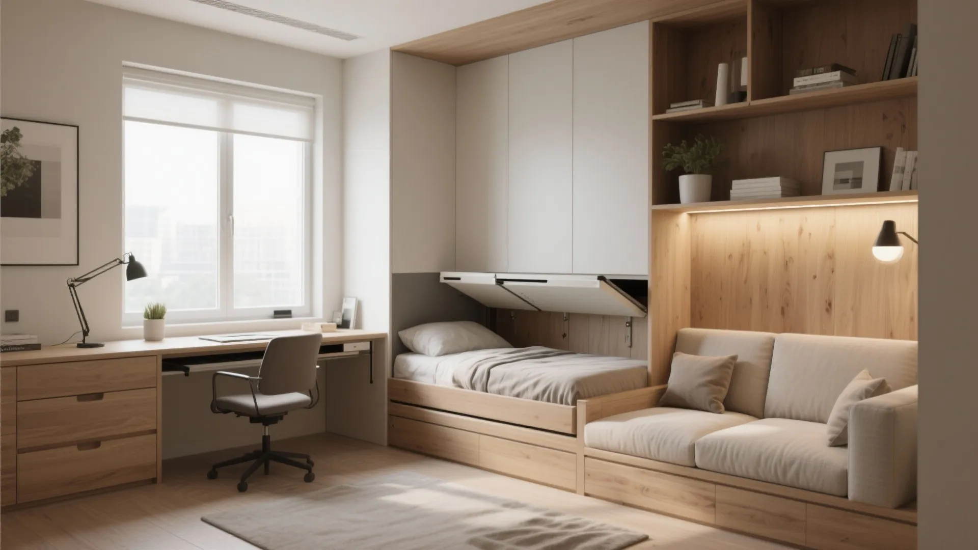 Flexible bedroom with built-in storage and foldaway desk used as home office