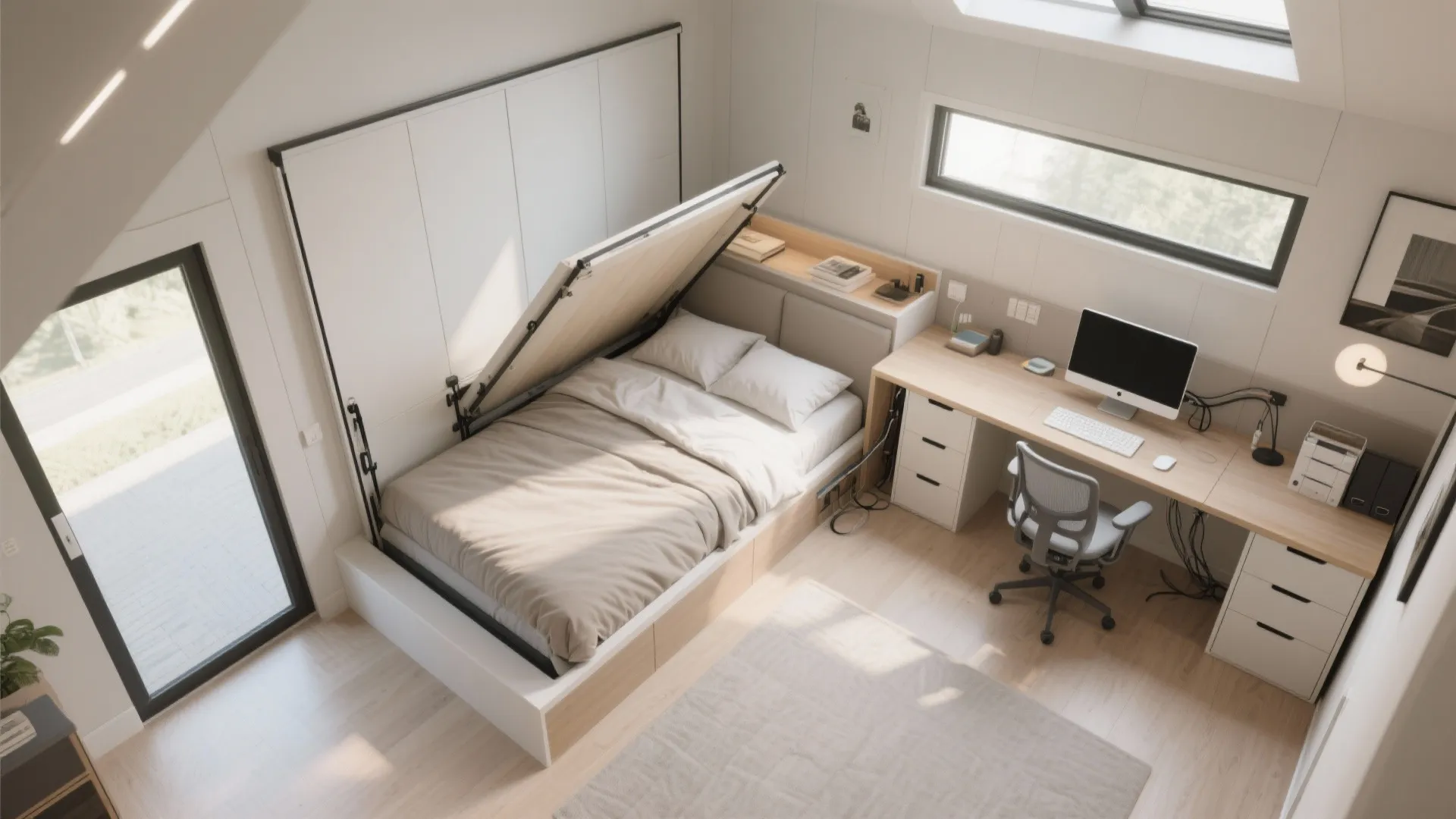 Flexible bedroom-office combo with a folded murphy bed and integrated desk in a prefab home