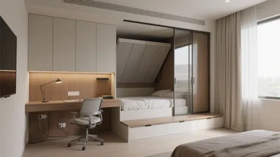 Modern Compact Bedroom with Built-In Desk & Murphy Bed