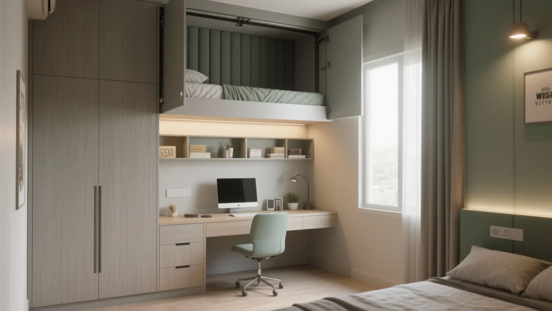 Modern small bedroom with loft bed over wooden desk and chair in a clean room