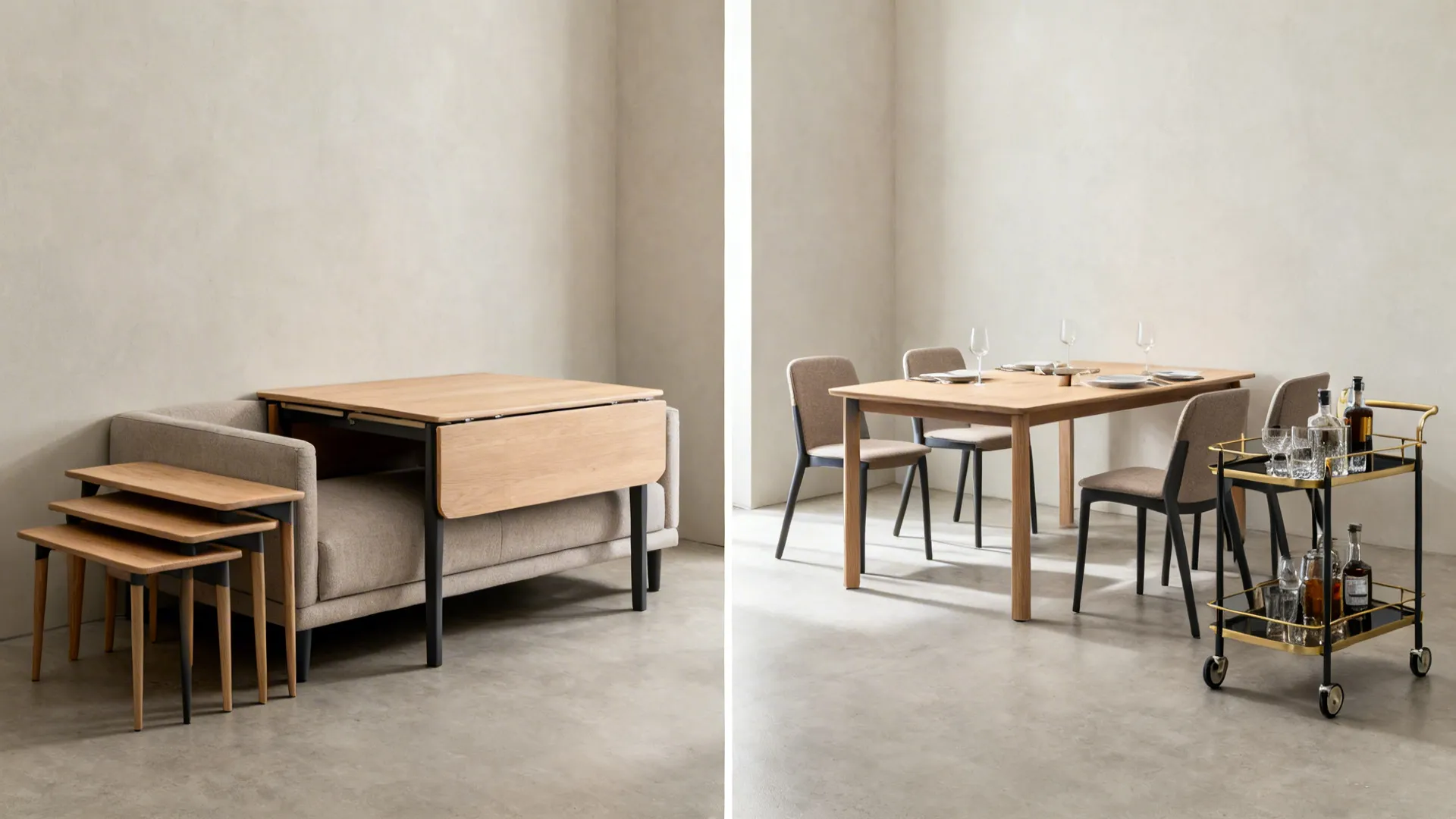 Before and after split showing drop-leaf table folded for circulation and opened for dining in a small combo room.