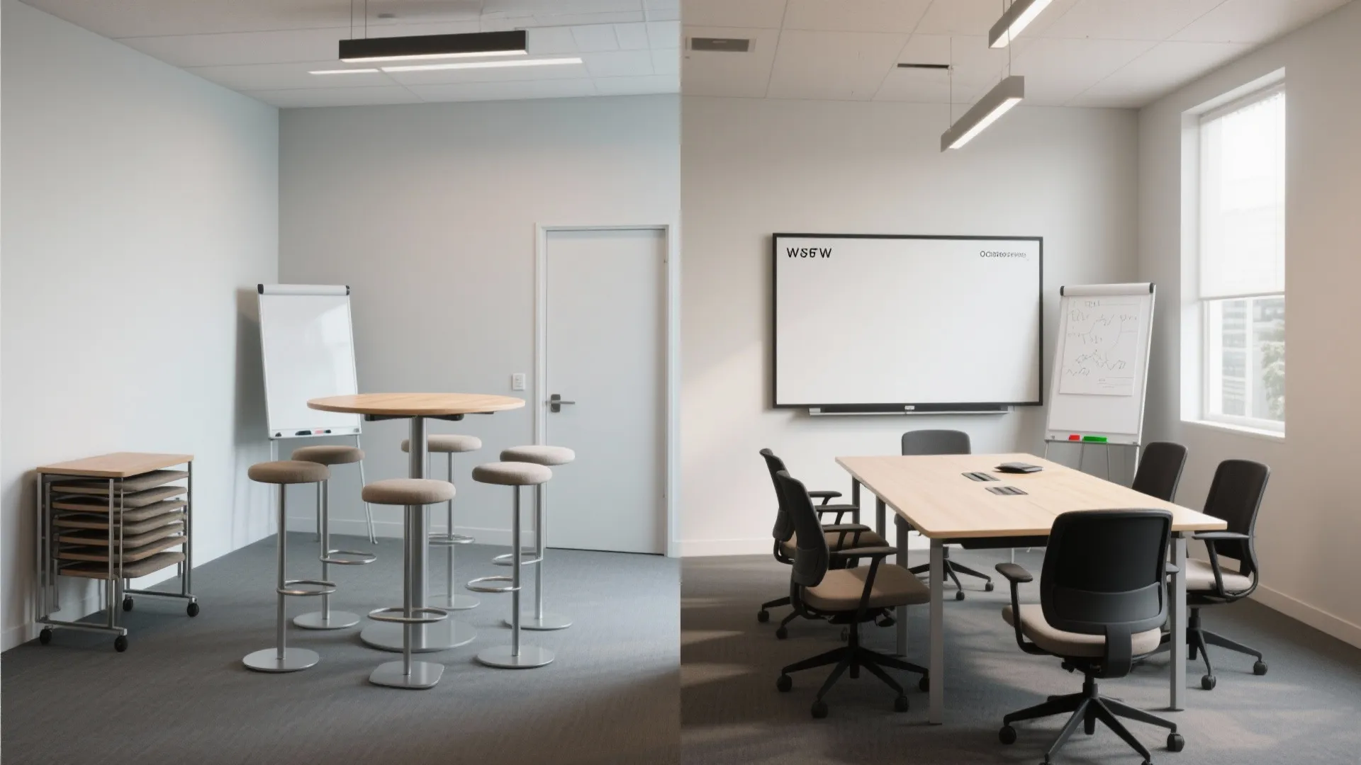 Before and after comparison of an office room showing flexible furniture layouts with different table styles