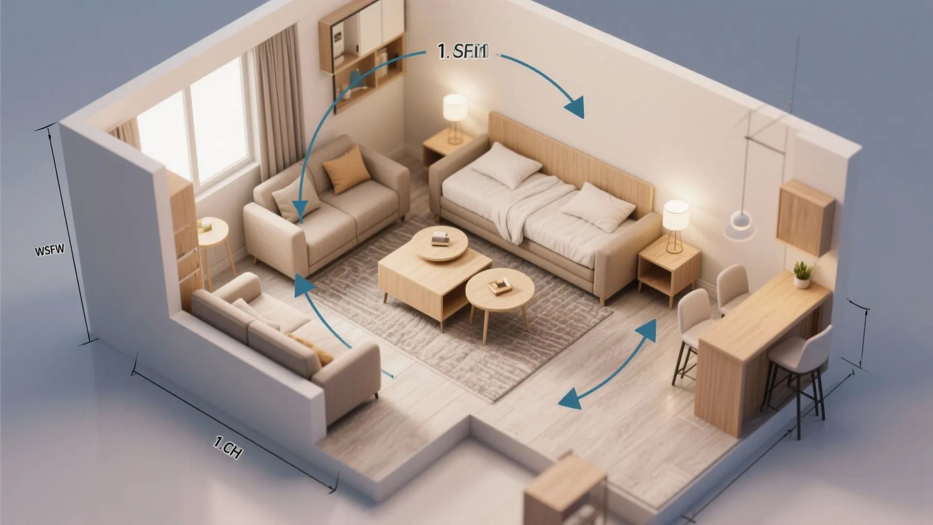 Flexible furniture: sofa-bed, nesting tables, and a pocket dining bar