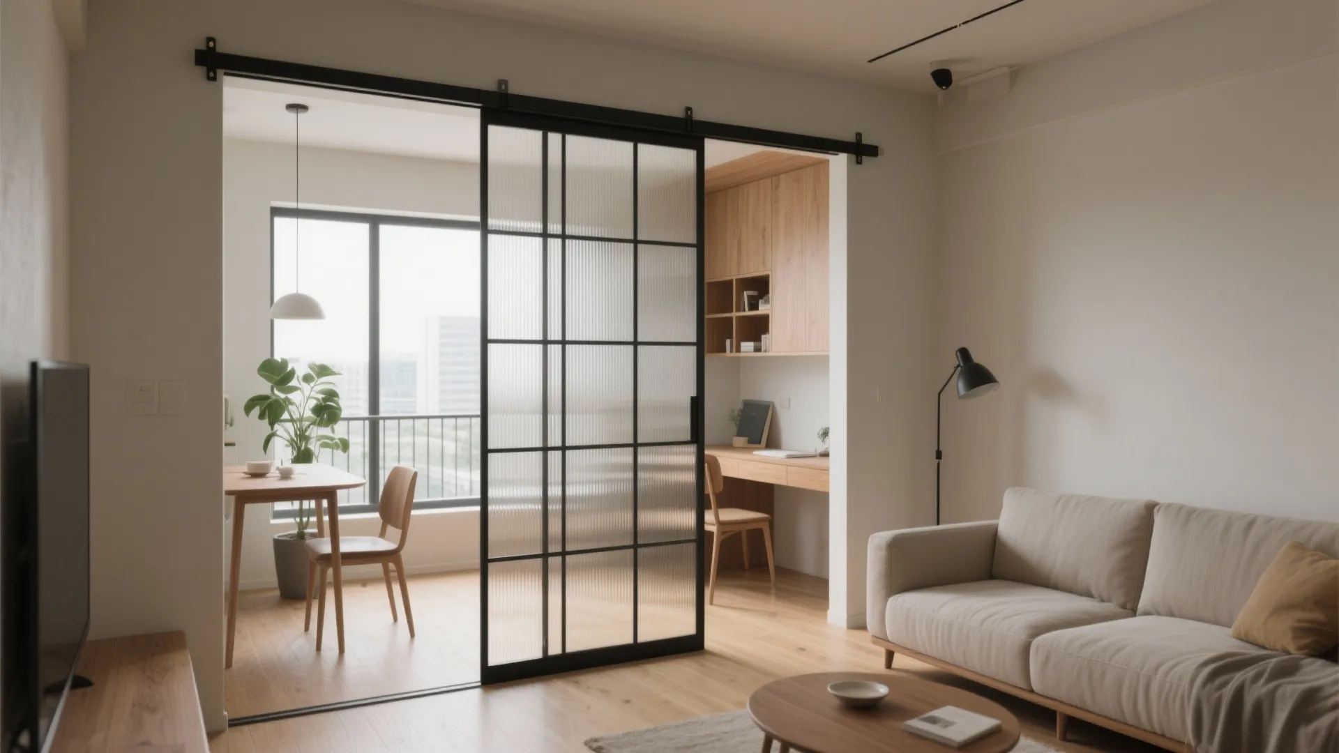1) Flexible Living–Dining Core with Sliding Partition