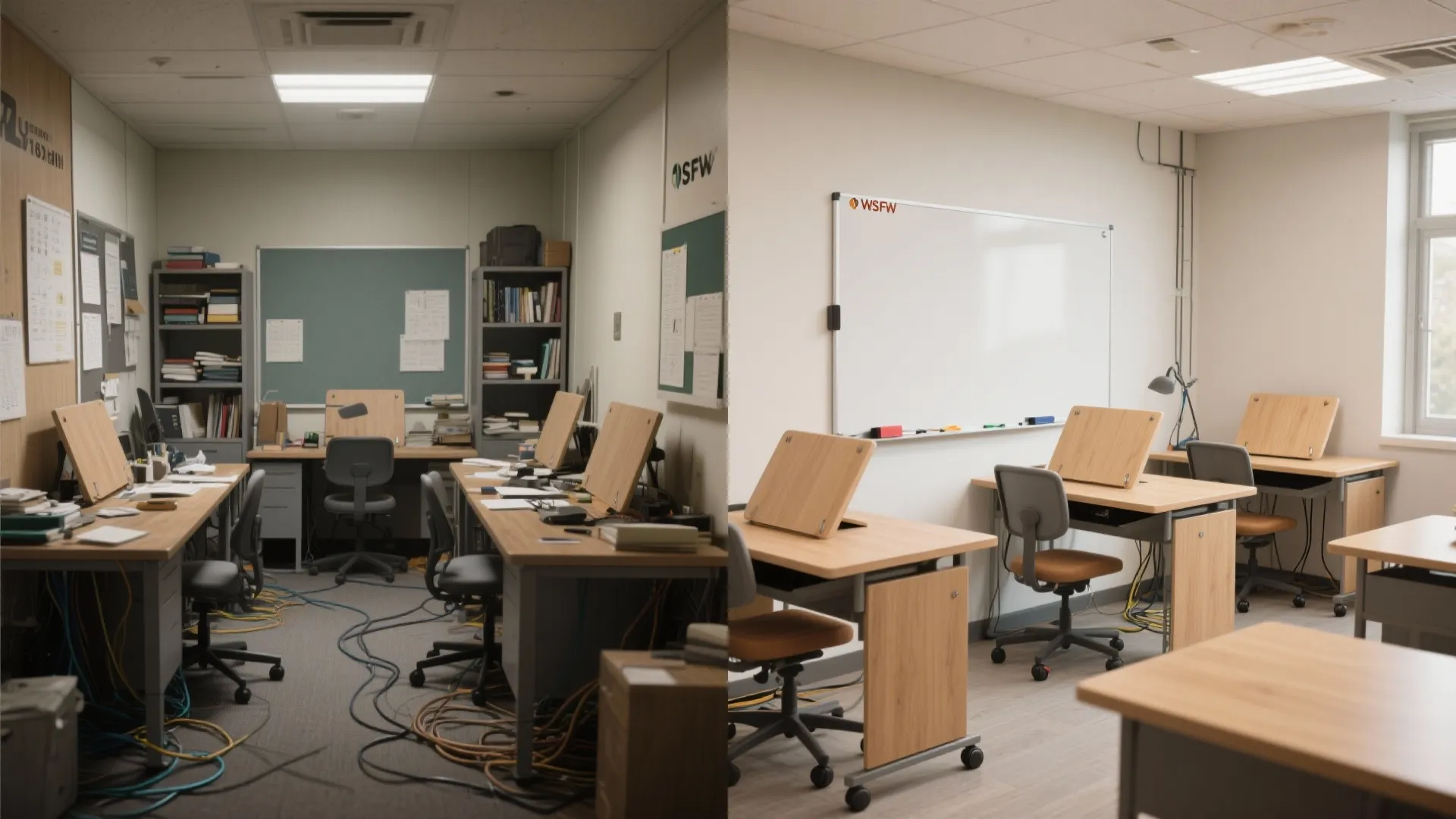 Flexible desks with fold-away whiteboards