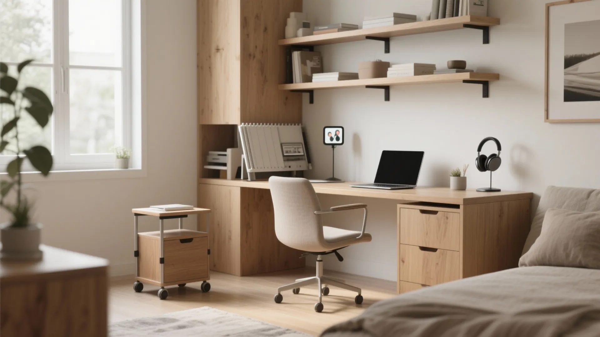 Modern home office area with wooden desk white chair shelves laptop headphones and natural light