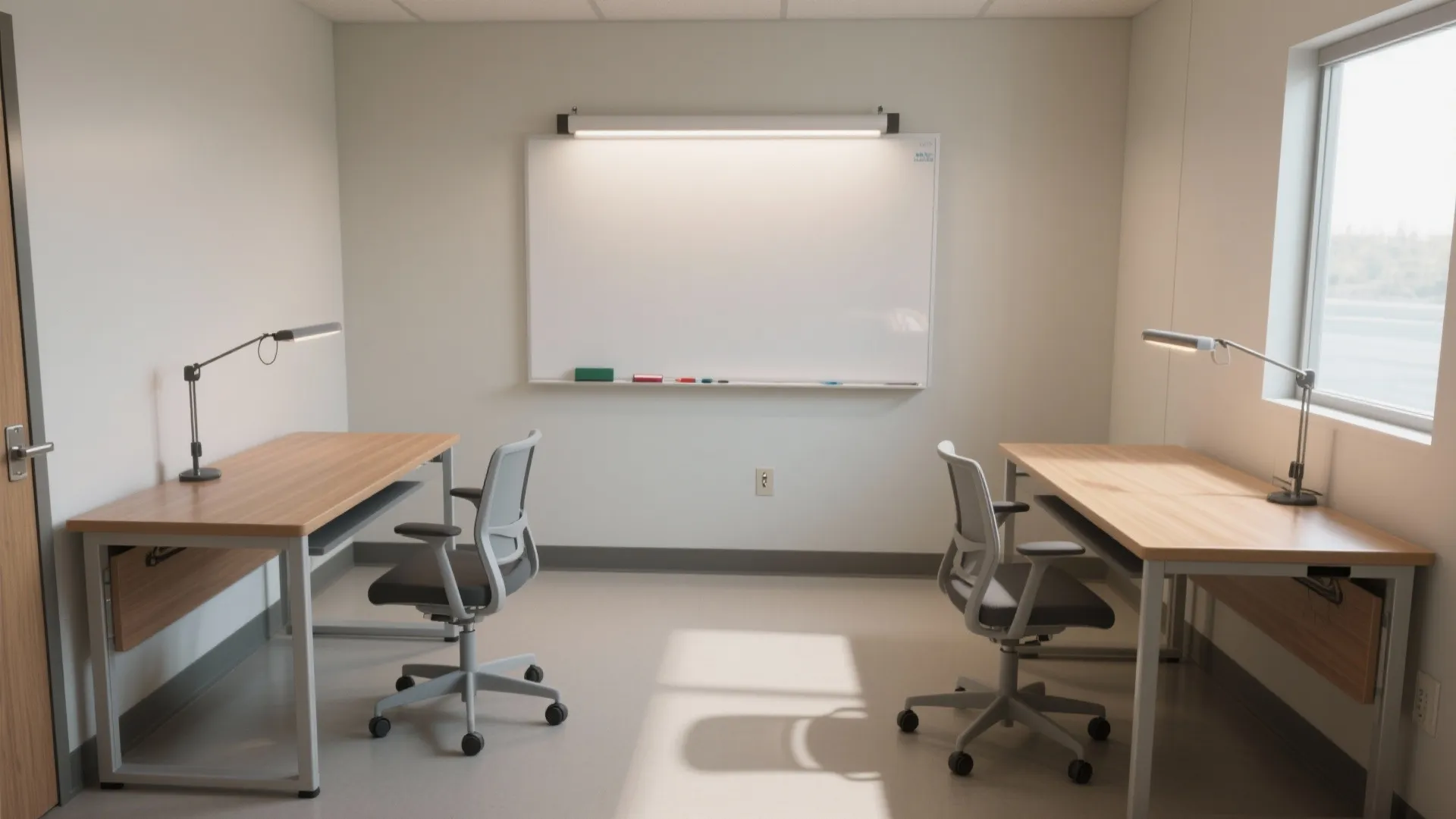 Flexible desks with fold-away whiteboards