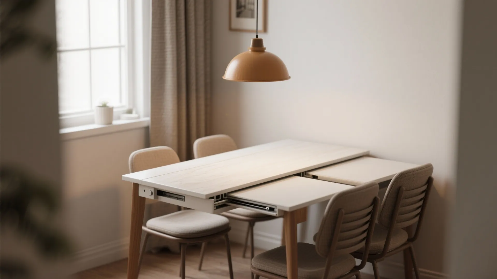 Modern white extendable dining table with wooden legs four chairs and orange ceiling light fixture