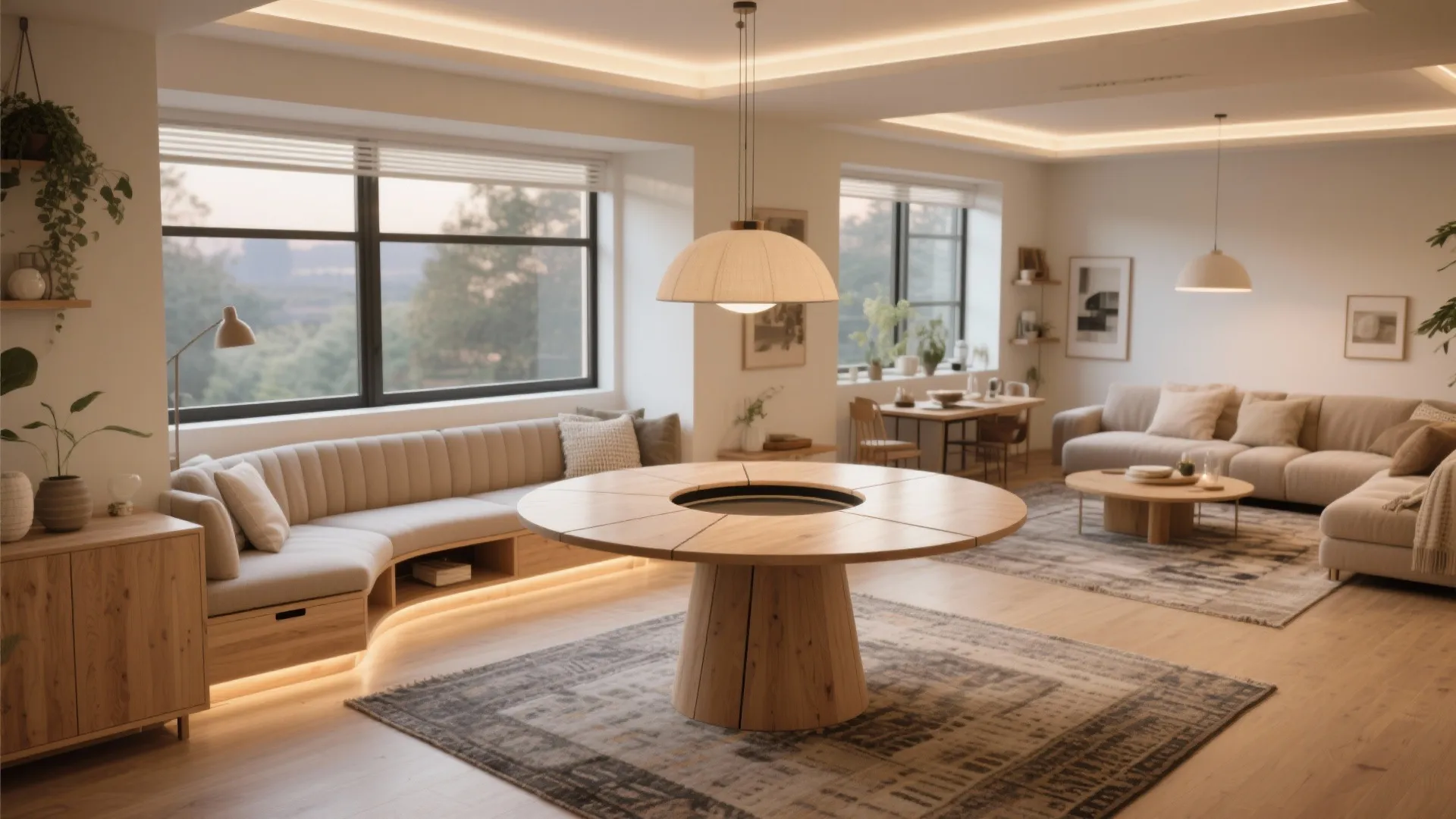 Modern living room with round wooden table, curved wall bench, ceiling light, sofa and windows