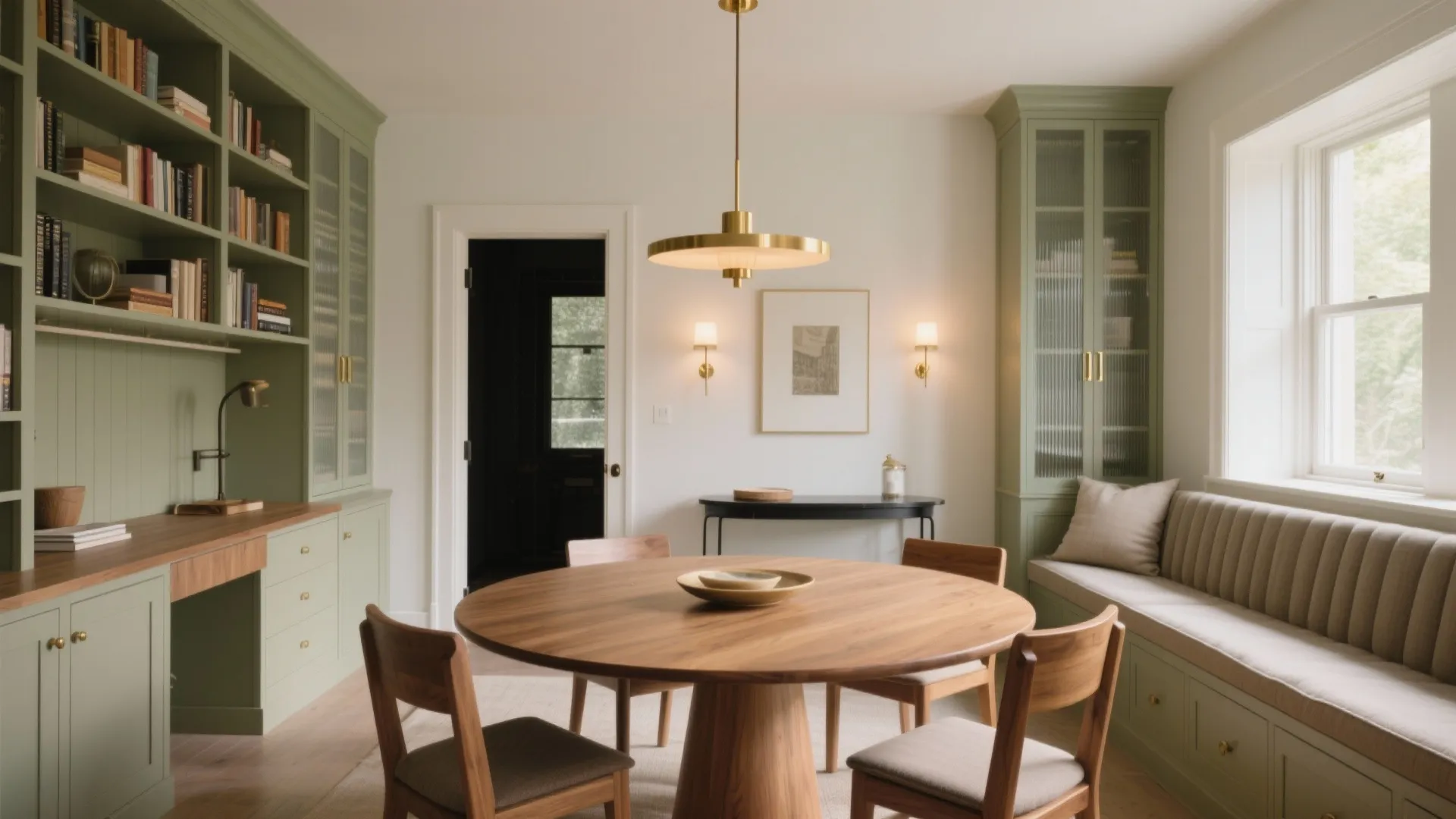Elegant dining room with round wood table green bookshelves gold ceiling light and window seat