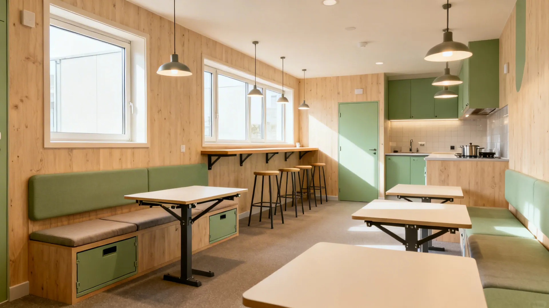 Hostel dining with wall bench, window bar seating, and fold-down tables under soft pendants.