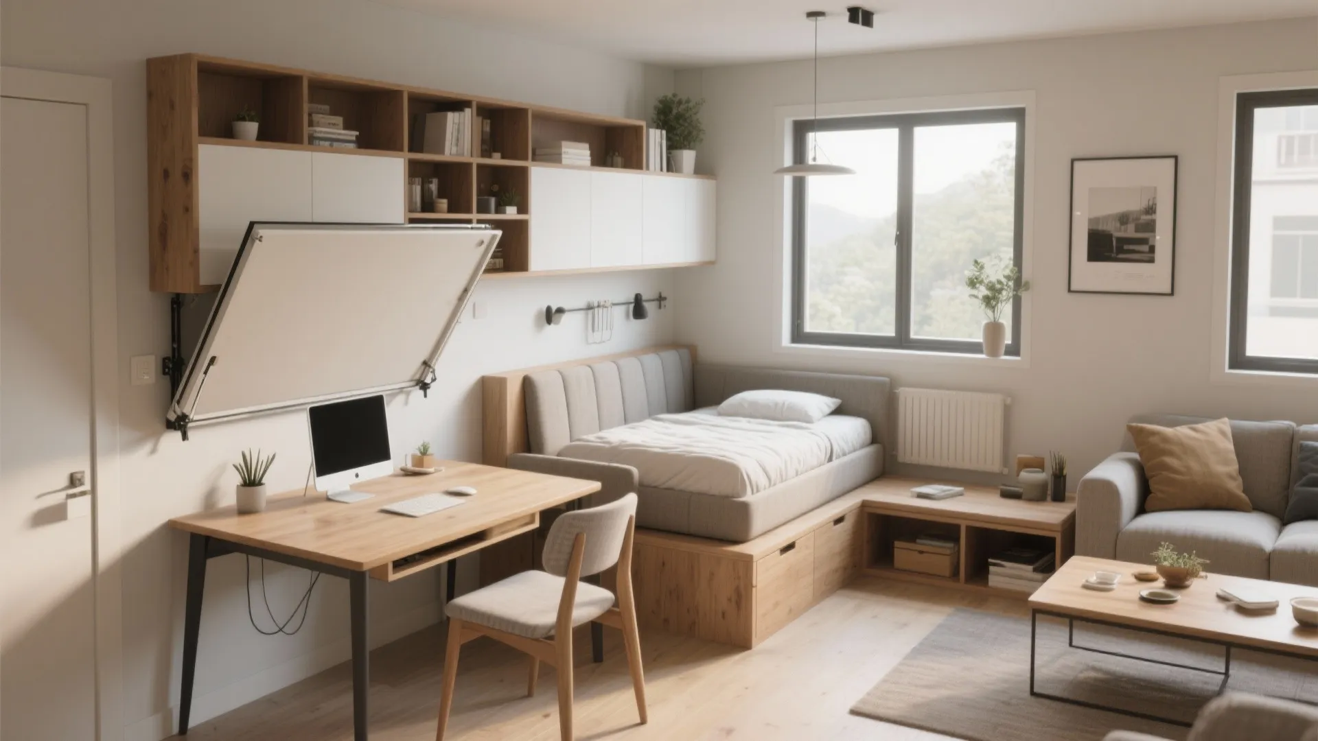 Compact flex room with a fold-down table, Murphy bed, and multifunction storage