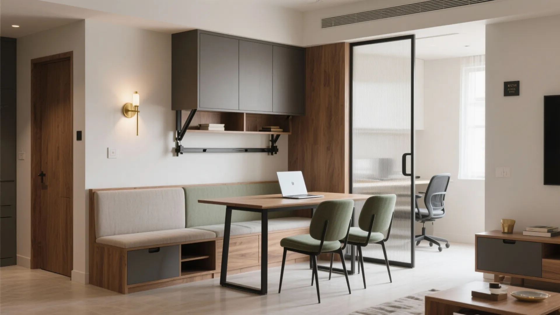 Flexible dining-cum-work corner with sliding glass