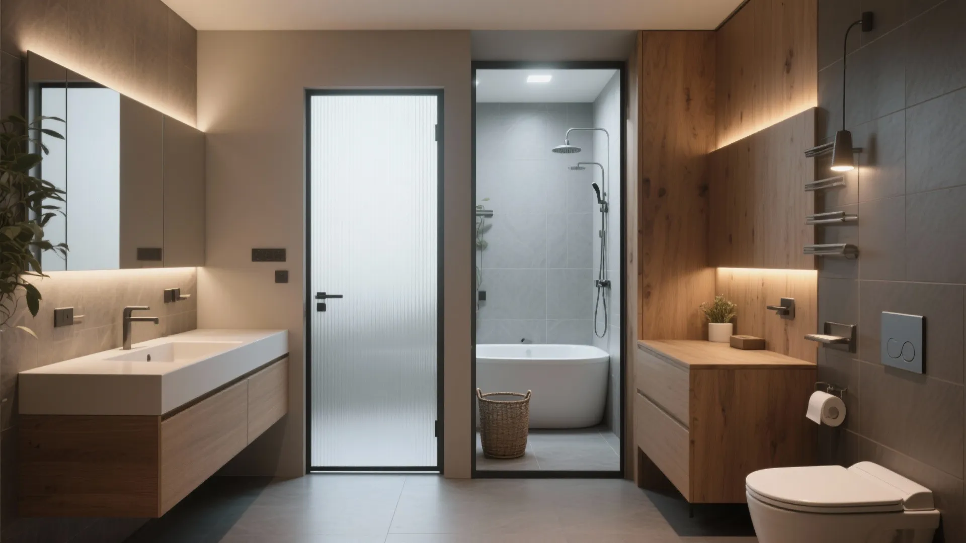 Modern bathroom with wooden cabinets double sink large mirror toilet and bathtub behind frosted door