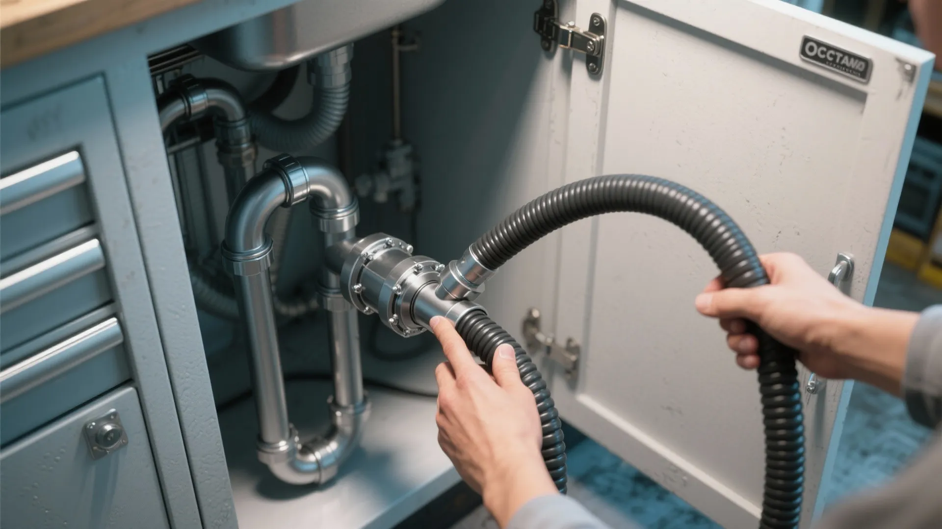Hands connecting a flexible black drain hose to metal pipes under a kitchen sink cabinet