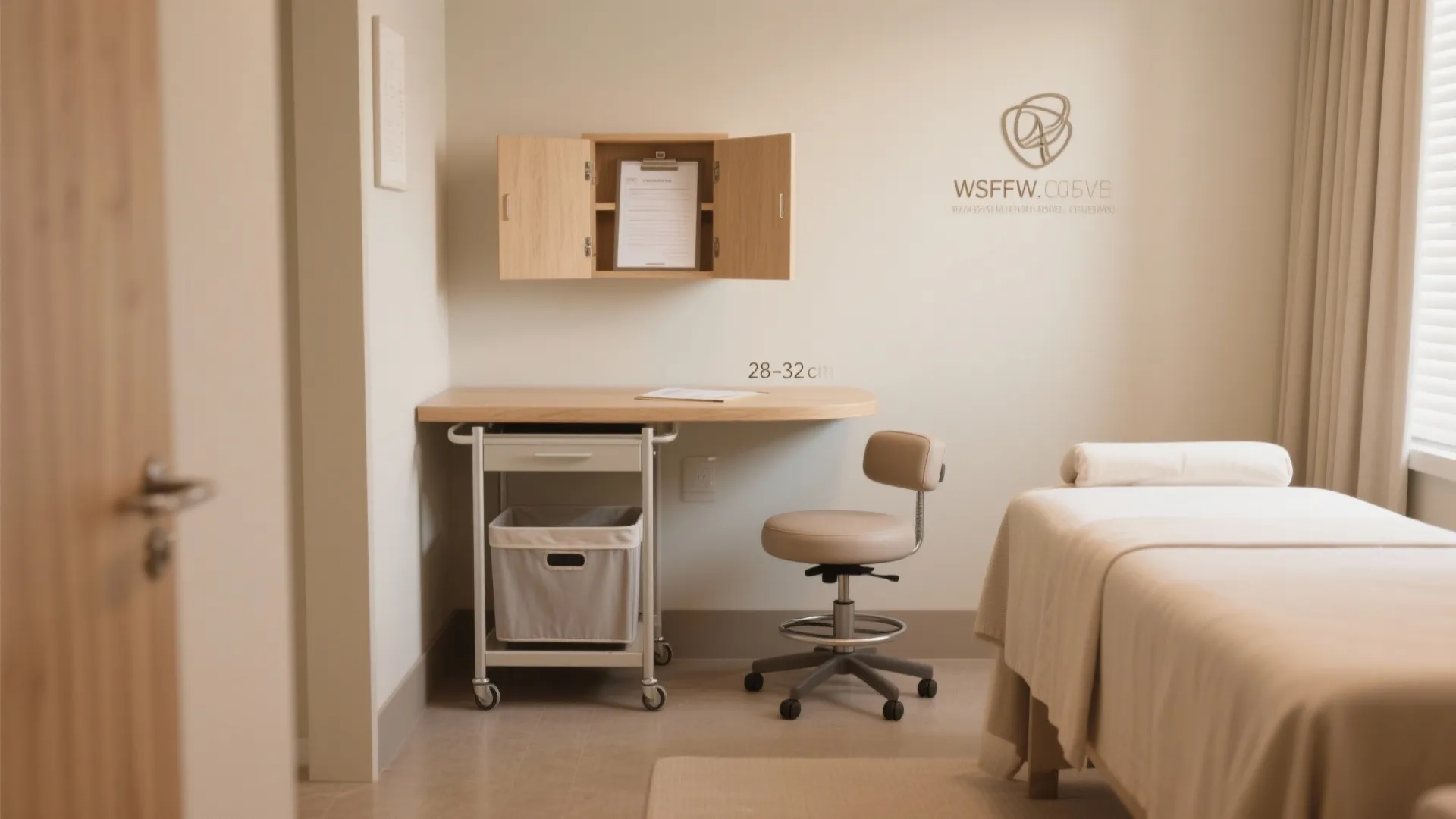 Treatment room with a massage bed wooden desk small cabinet swivel chair and neutral wall colors