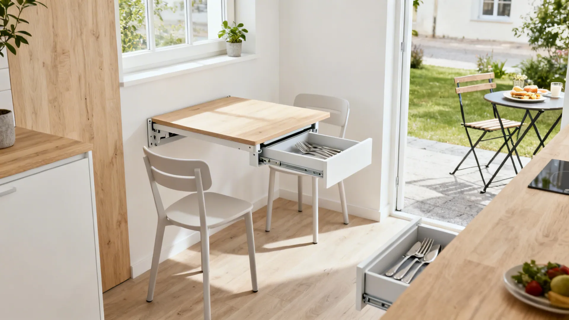 Compact fold-down dining table with stackable chairs and a slim storage console near a bright window.