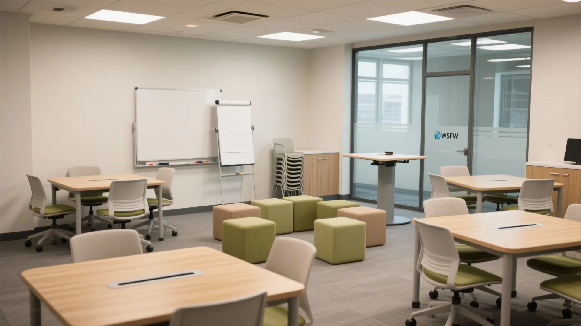 Flexible furniture in an Andruss Library study room with modular caster tables, stacking chairs, mobile whiteboards, and soft cubes.